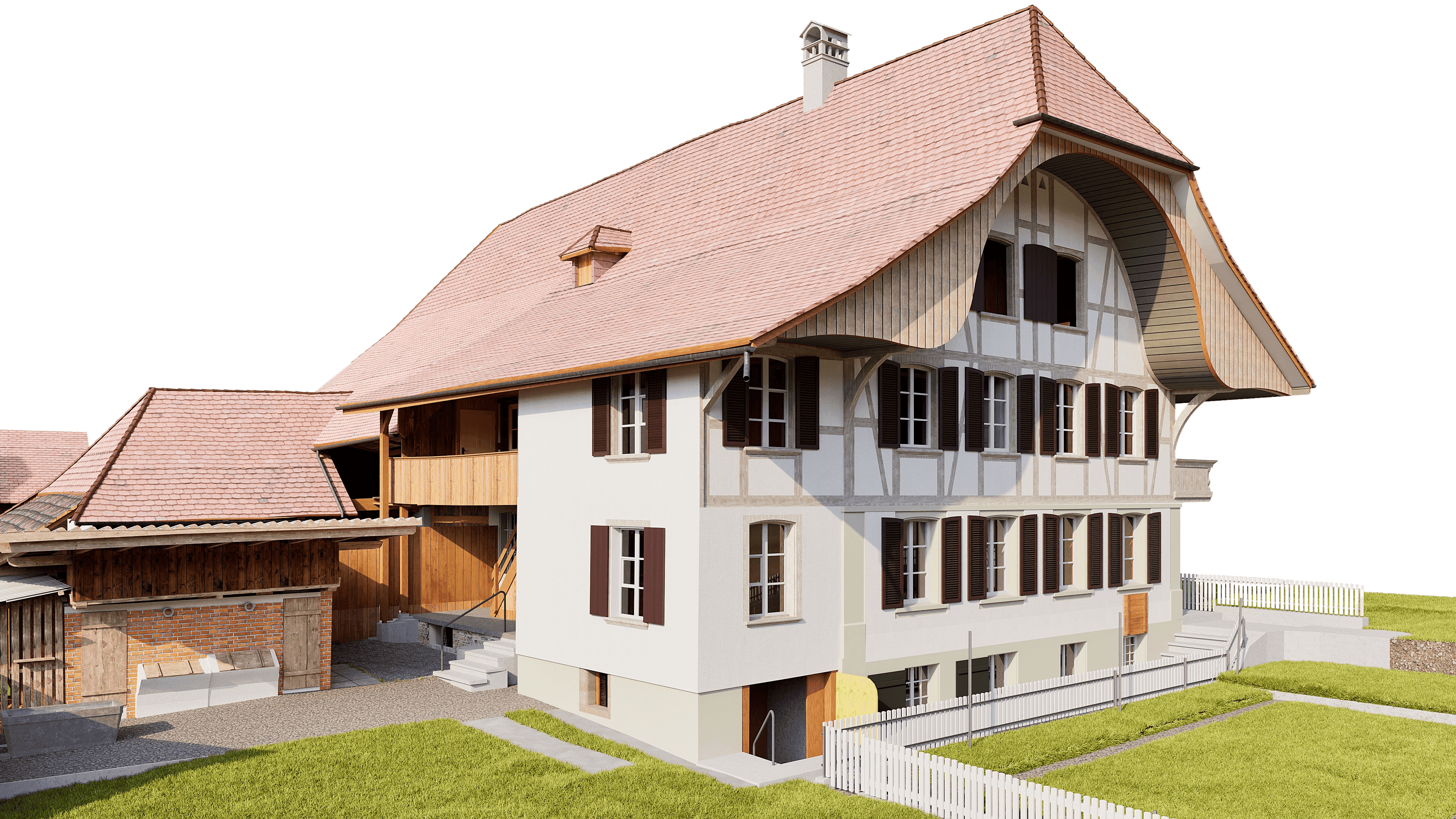 3D-Visualisierung eines traditionellen Schweizer Bauernhauses mit großem Ziegeldach, weißer Fassade, Holzbalken und Anbau, umgeben von Grünfläche und Zaun.