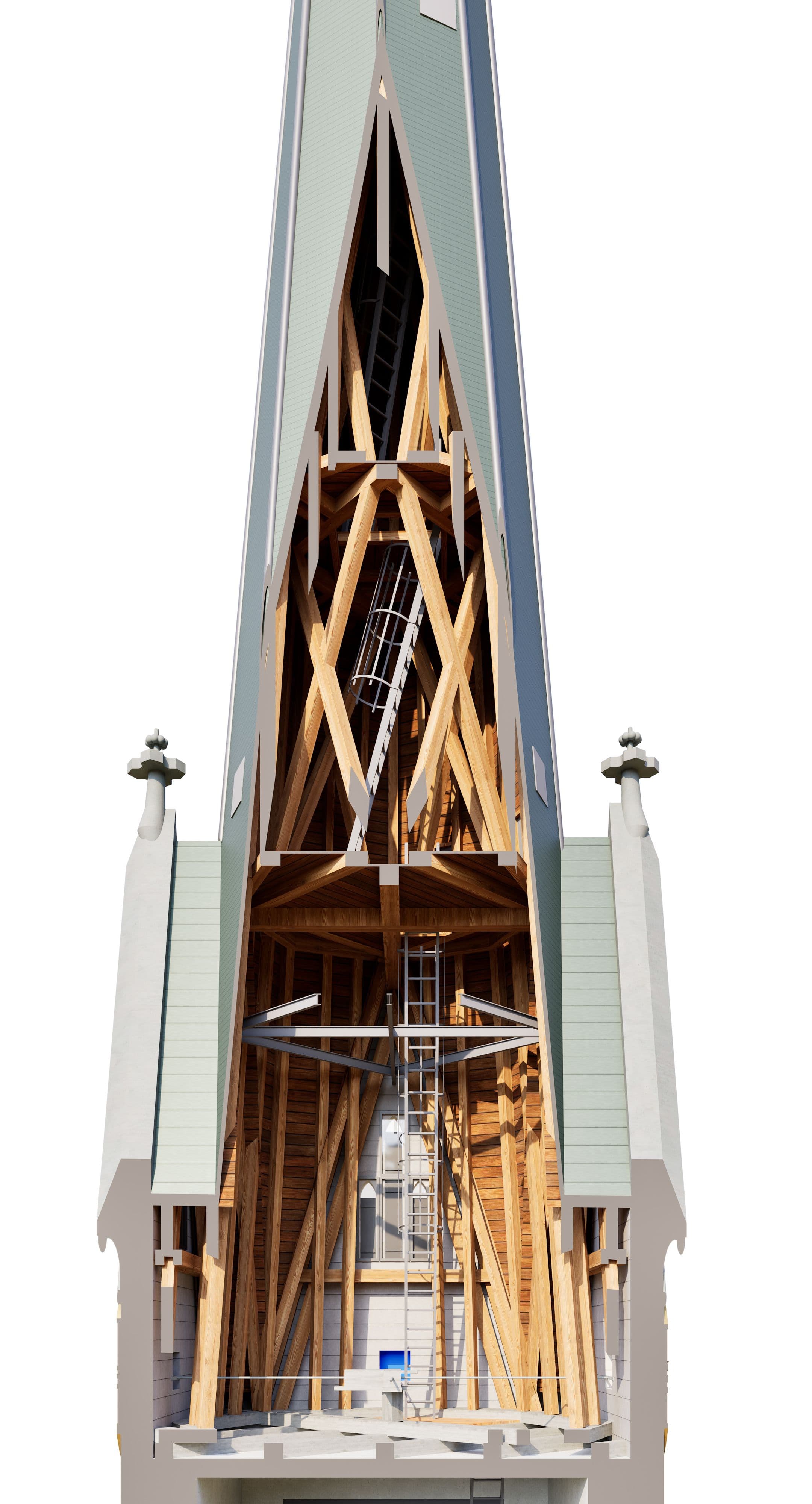 Schnittdarstellung eines hohen Turmgebäudes: außen moderne Hülle, innen sichtbar eine komplexe Holztragkonstruktion mit Streben, Ebenen und zentralem Schacht – Architektur- und Ingenieur-Rendering.