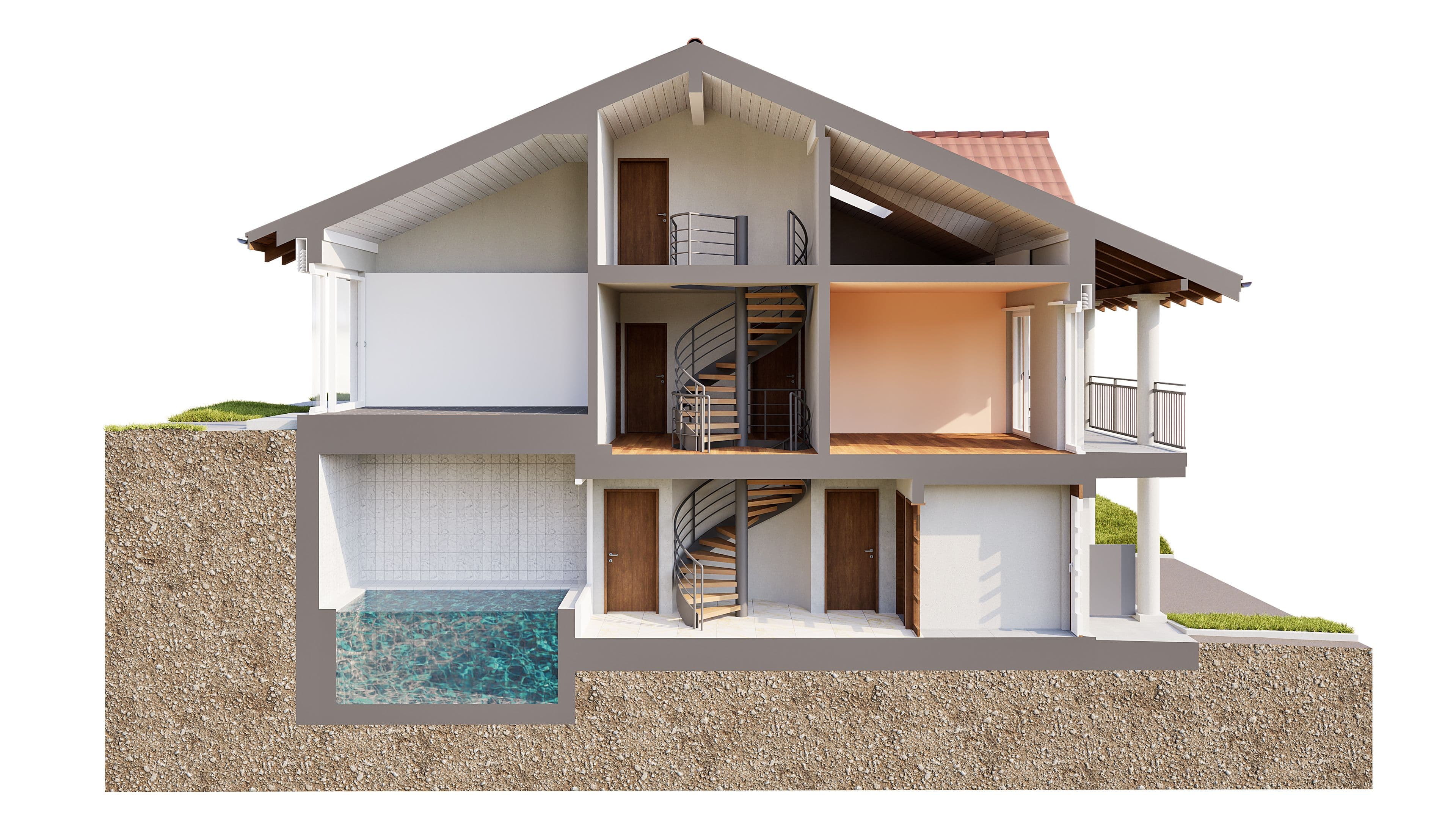 3D-Schnittansicht eines modernen Einfamilienhauses am Hang mit mehreren Etagen, Wendeltreppe, Balkon und integriertem Pool/Bassin – Architektur-Visualisierung in Querschnittdarstellung.