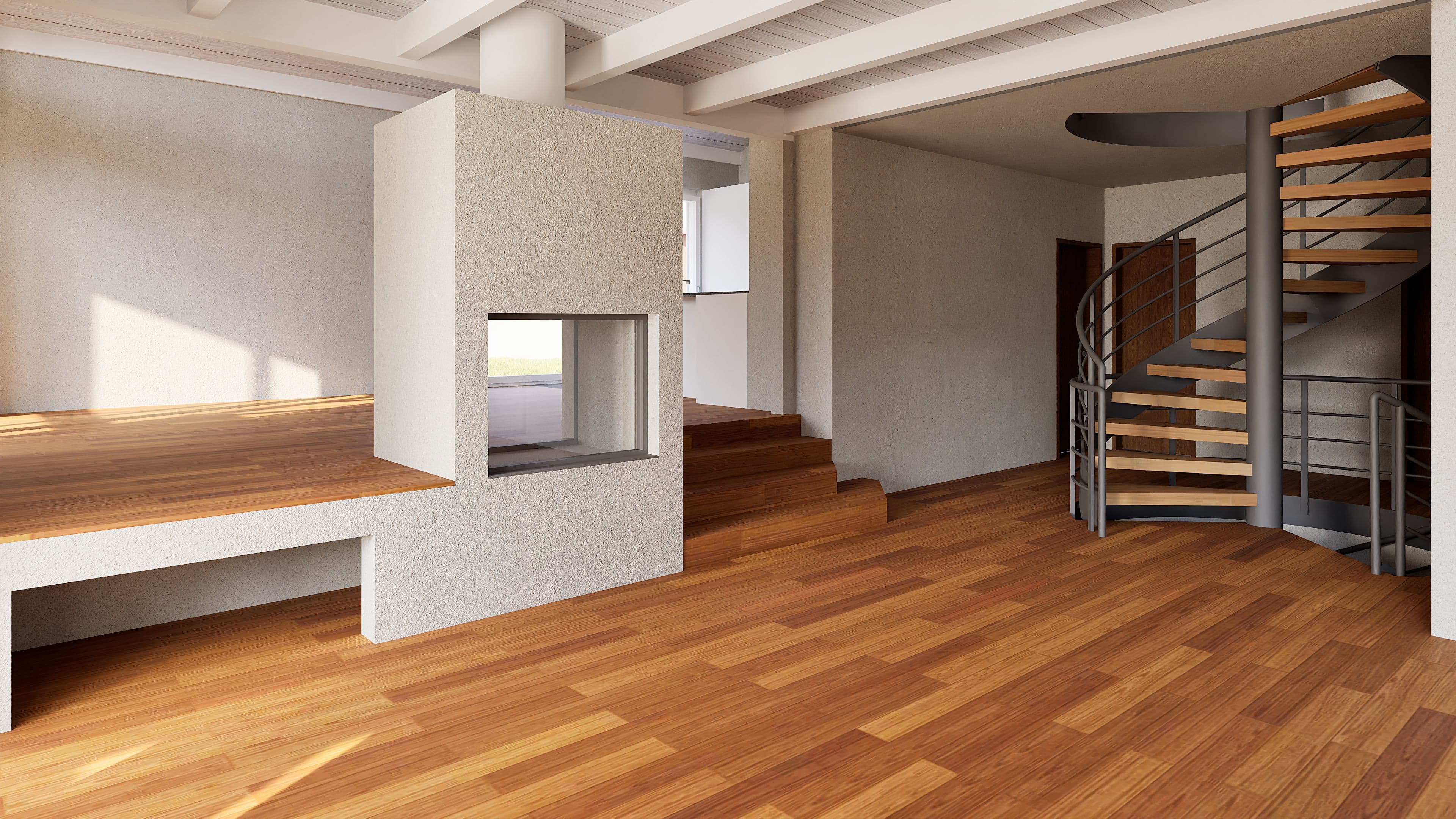 Modernes Loft-Interieur mit warmem Holzboden, freistehendem Kamin, Podest und Metall-Spindeltreppe; helle Räume mit großen Fenstern und Sichtbalken, minimalistisches Wohndesign.