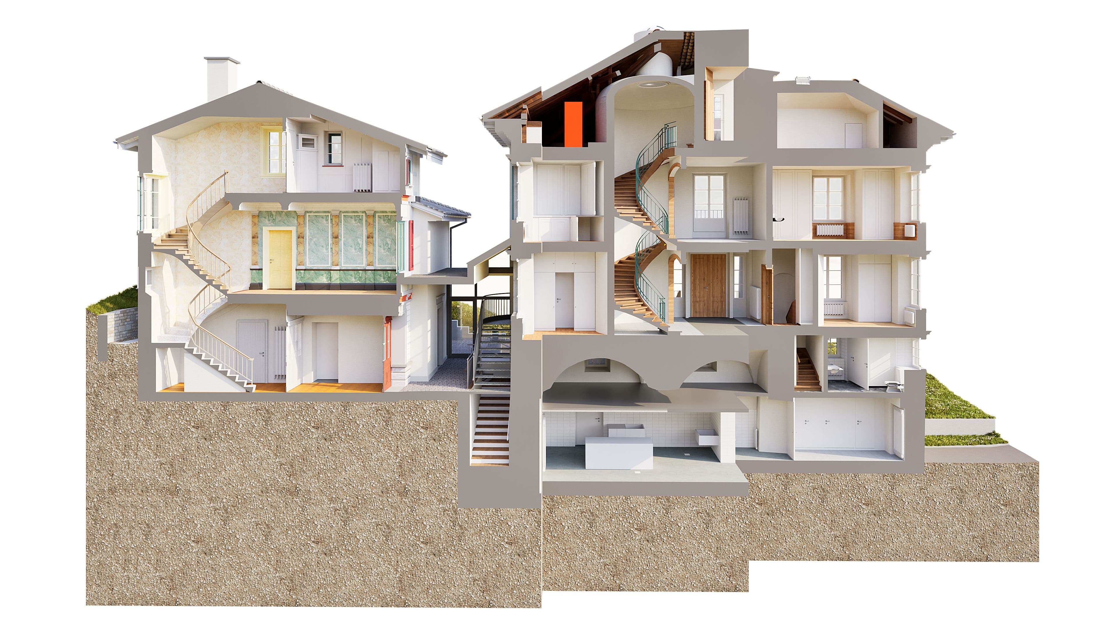 Architektur-3D-Visualisierung: Schnitt durch ein mehrstöckiges Wohnhaus mit Treppenhaus, Räumen und Keller im Querschnitt, Innenraum- und Gebäudestrukturansicht für Bauplanung und Immobilienpräsentation.
