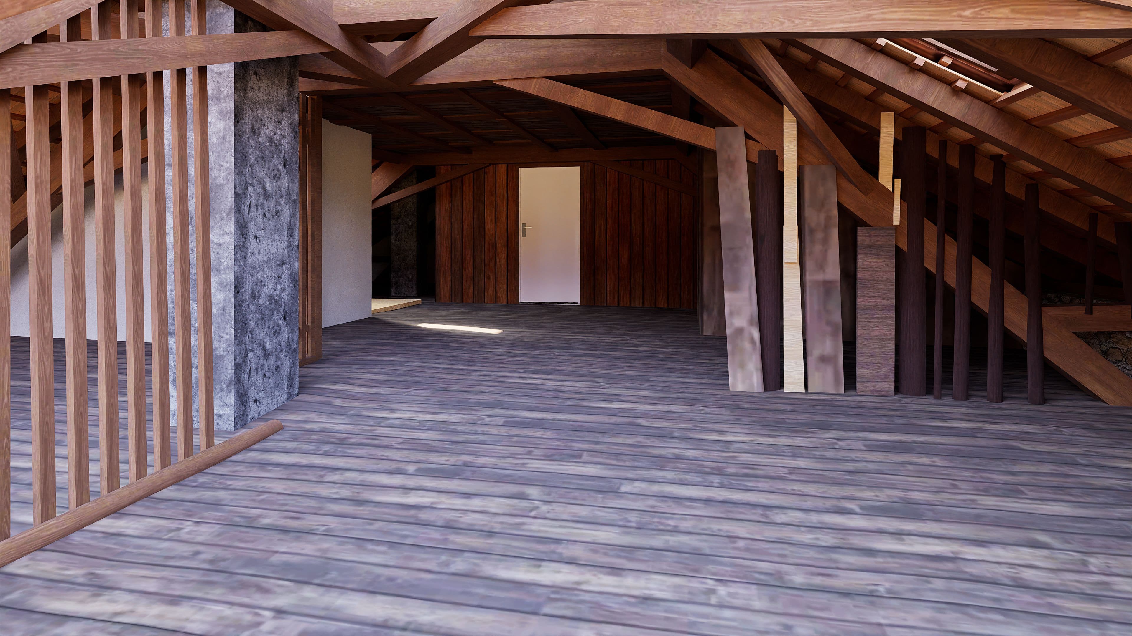 Leerer Dachboden mit Holzbalken, sichtbarer Dachkonstruktion und Holzfußboden, Blick durch offene Raumstruktur mit Stützen und Wandpaneelen.