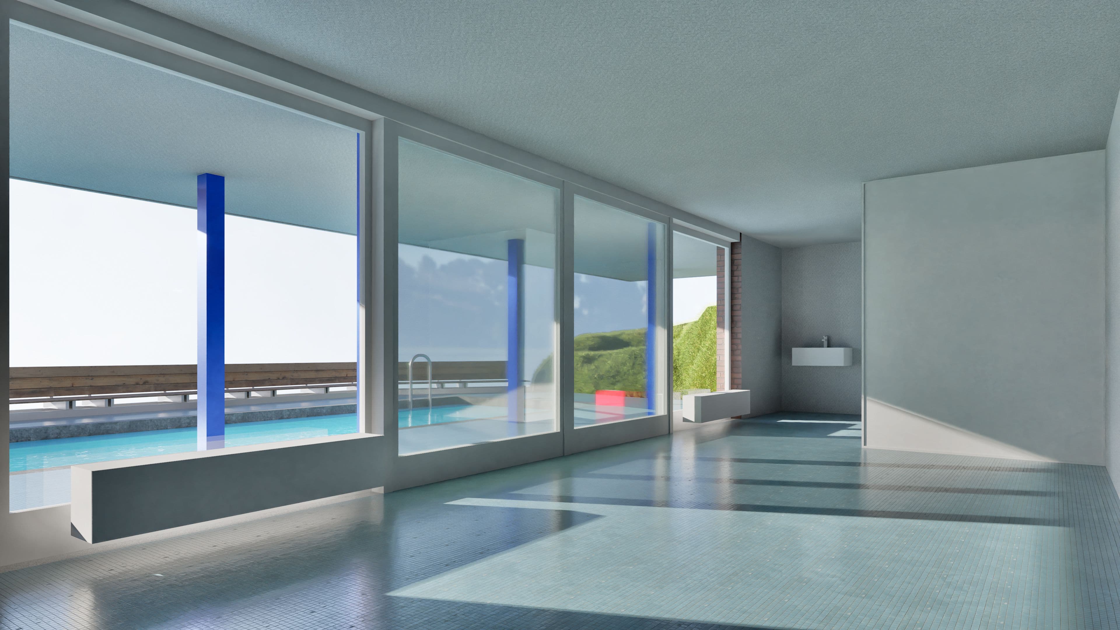 Modernes Hallenbad mit großem Pool, bodentiefen Panoramafenstern und Blick auf Landschaft; heller minimalistischer Innenraum mit blauem Wasser und Lichtreflexionen.