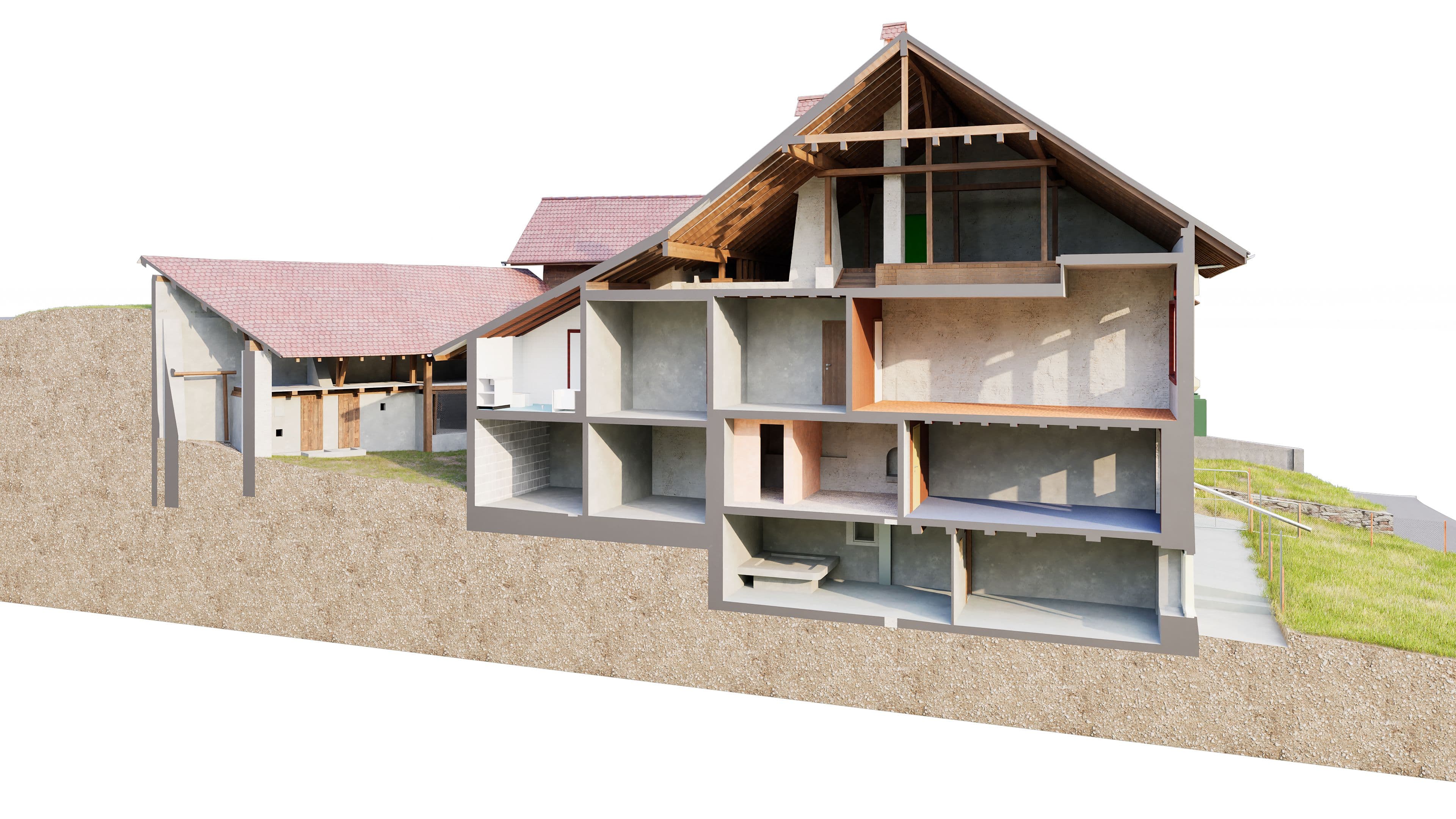 Ein modernes Haus im Querschnitt zeigt architektonische Details und Ebenen.