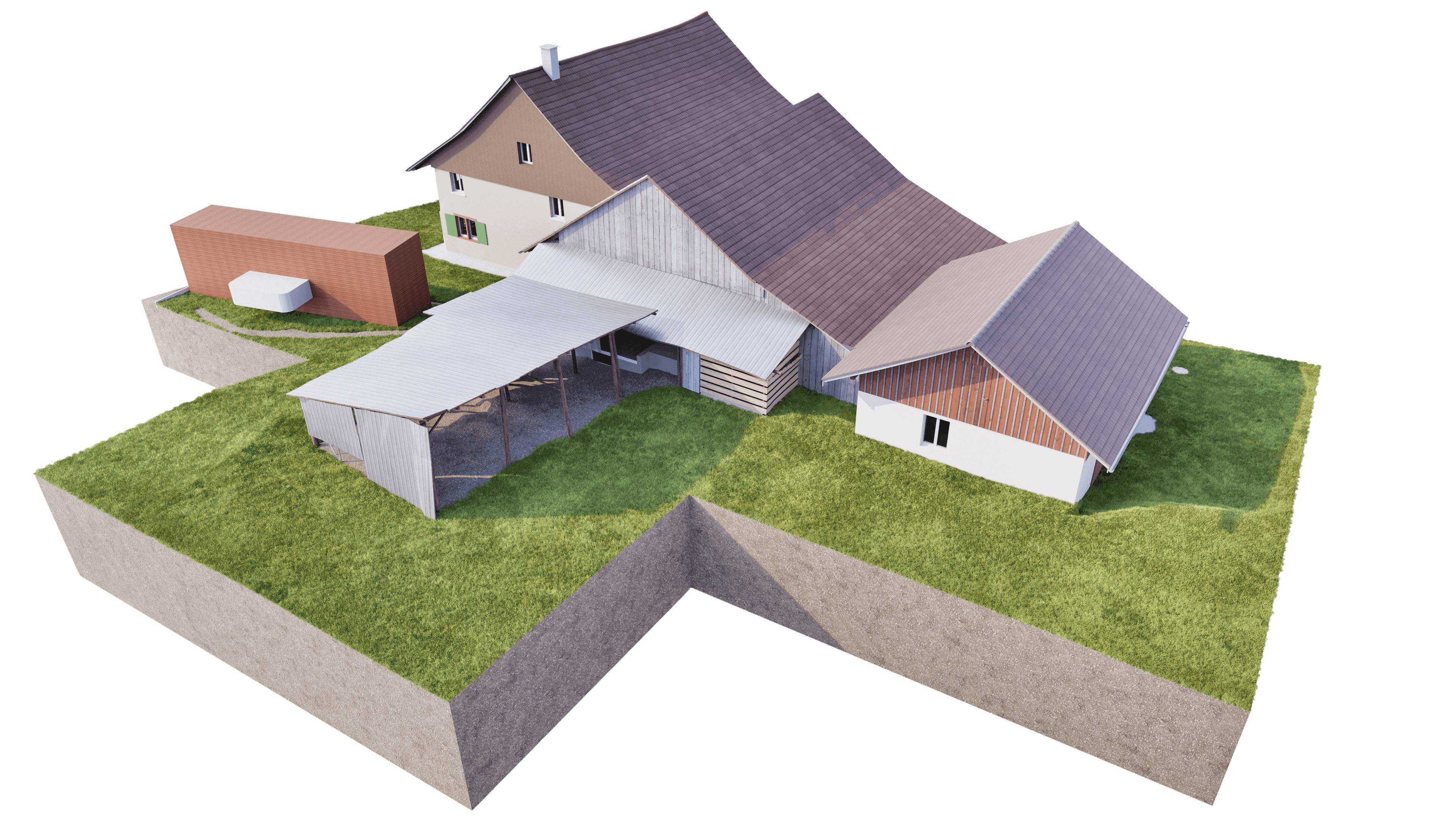 3D-Visualisierung eines Bauernhofs mit Wohnhaus, Scheunen und Carport auf grasbewachsenem Grundstück, Ansicht von oben mit Satteldächern und Nebengebäuden.