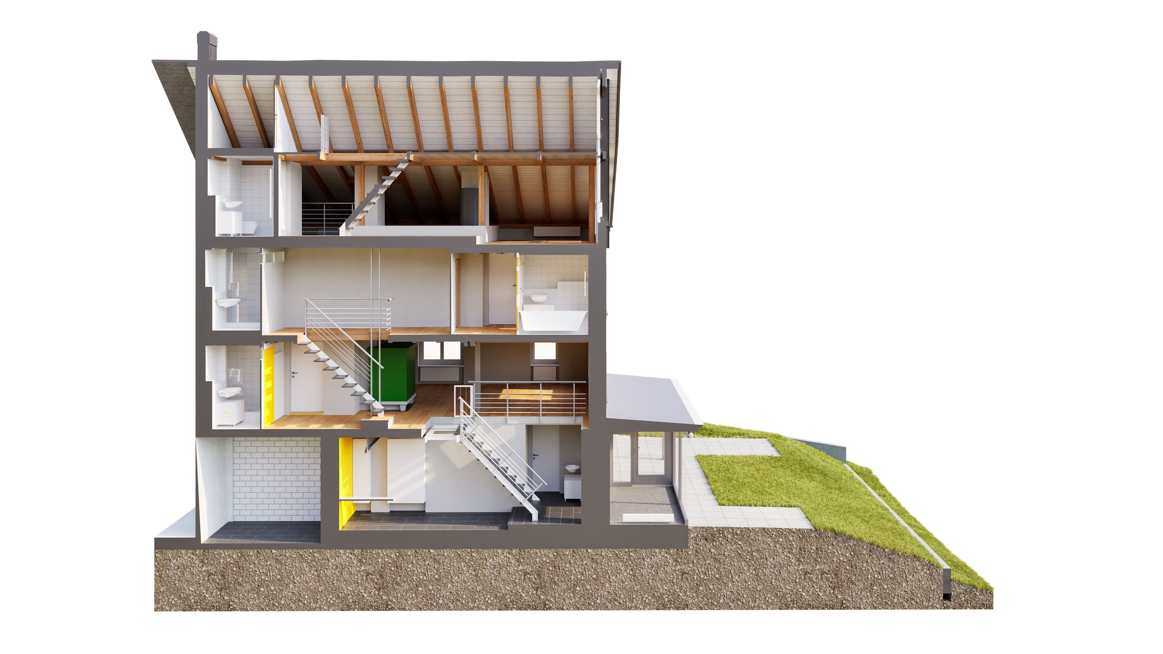 3D-Schnittansicht eines mehrstöckigen Wohnhauses mit Treppen, Innenräumen, Dachkonstruktion, Keller und angrenzendem Garten – Architektur-Visualisierung im Querschnitt für Bauplanung und Design.