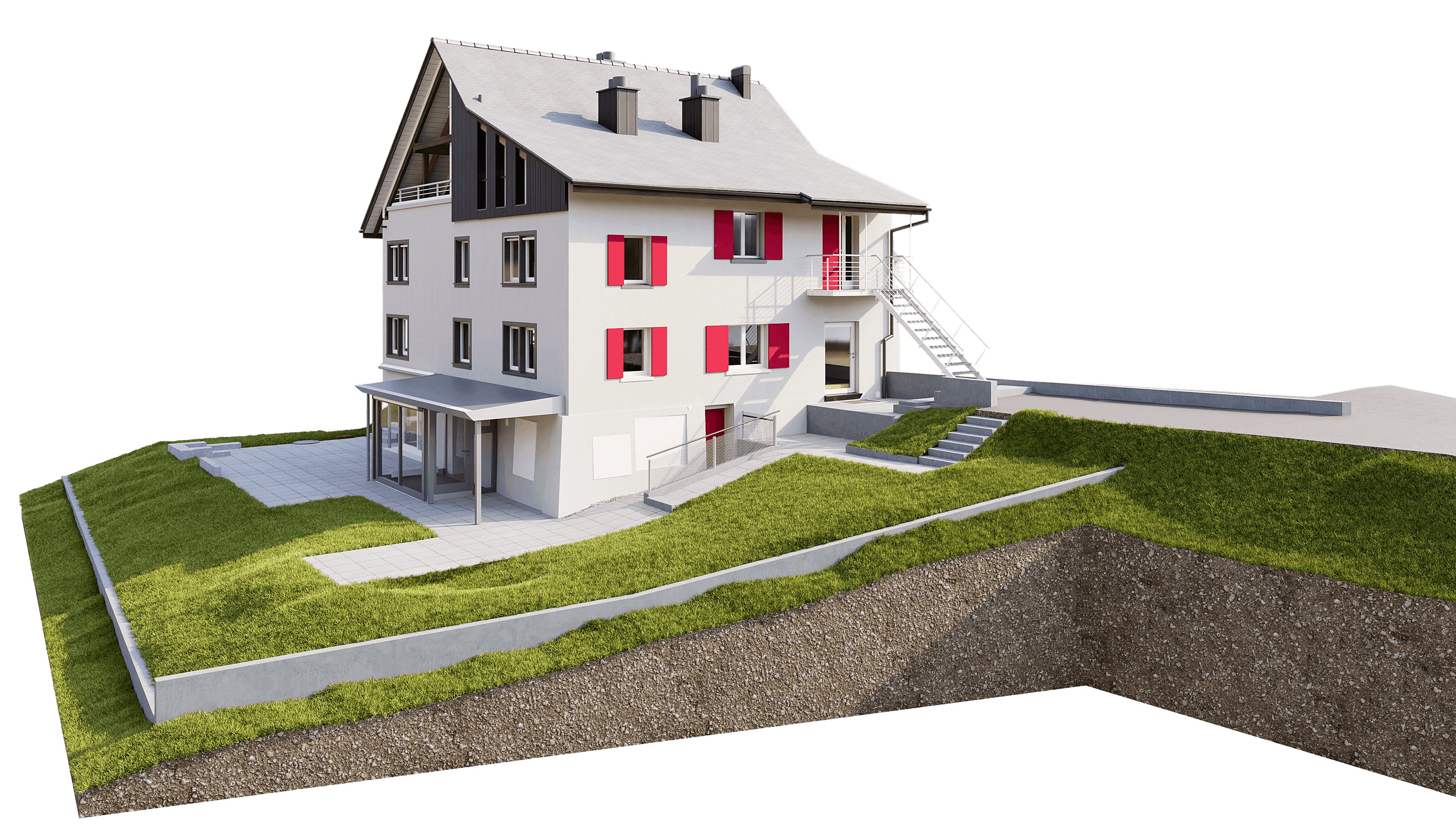 3D-Rendering eines modernen Mehrfamilienhauses am Hang mit grauem Dach, roten Fensterläden, Balkonen, Außentreppe und Grünflächen auf Grundstücksschnitt.