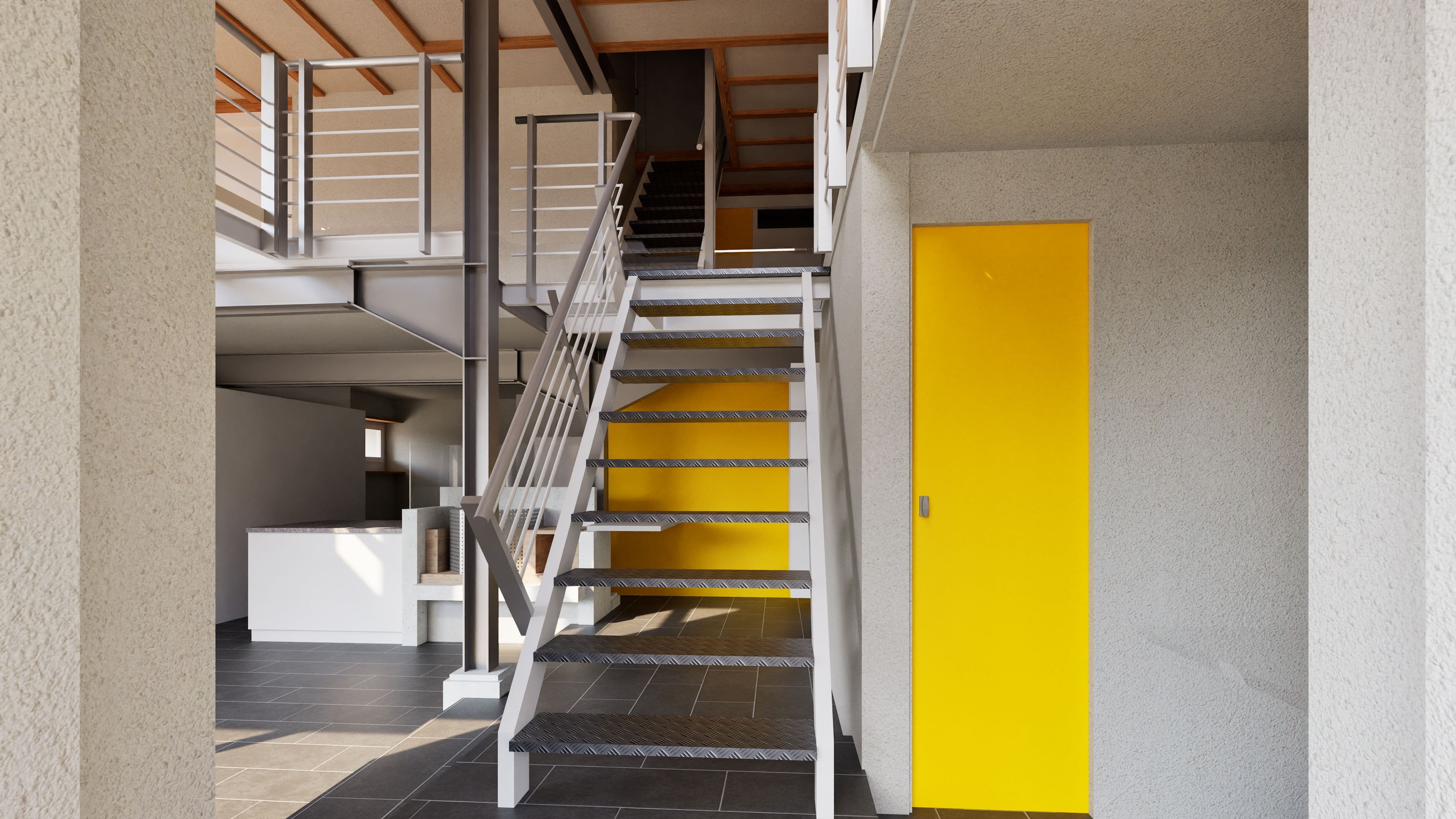 Modernes Treppenhaus in einem Gebäude: graue Wände, Metalltreppe und Geländer, dunkle Fliesen, auffällige gelbe Tür und gelbe Akzente im Hintergrund, lichtdurchfluteter Innenraum.