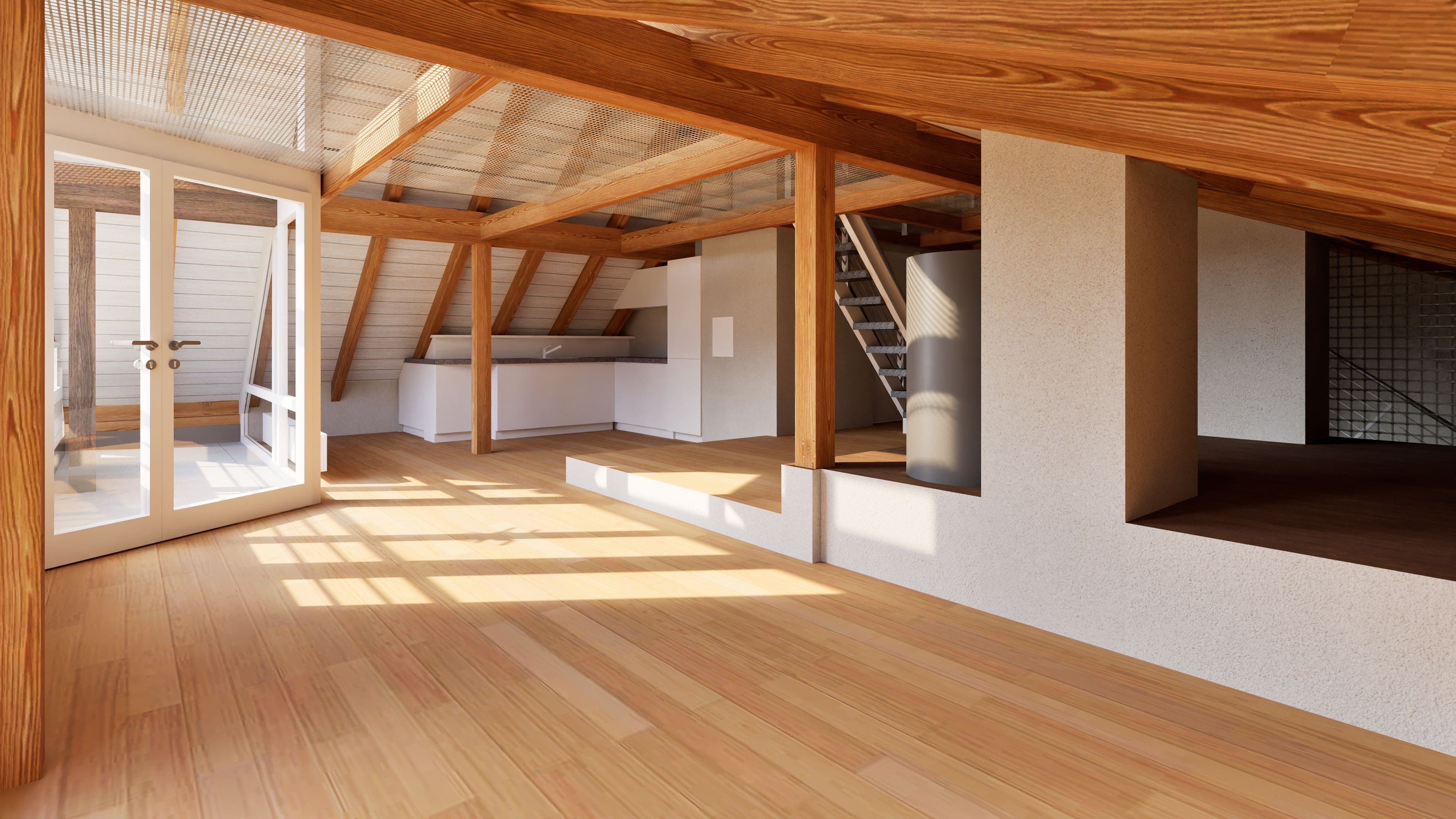 Heller Dachgeschossausbau mit Holzbalken, Holzfußboden, großen Fenstern und Treppe; offener Wohnraum mit Galerie, modernem Ausbau und viel Tageslicht.