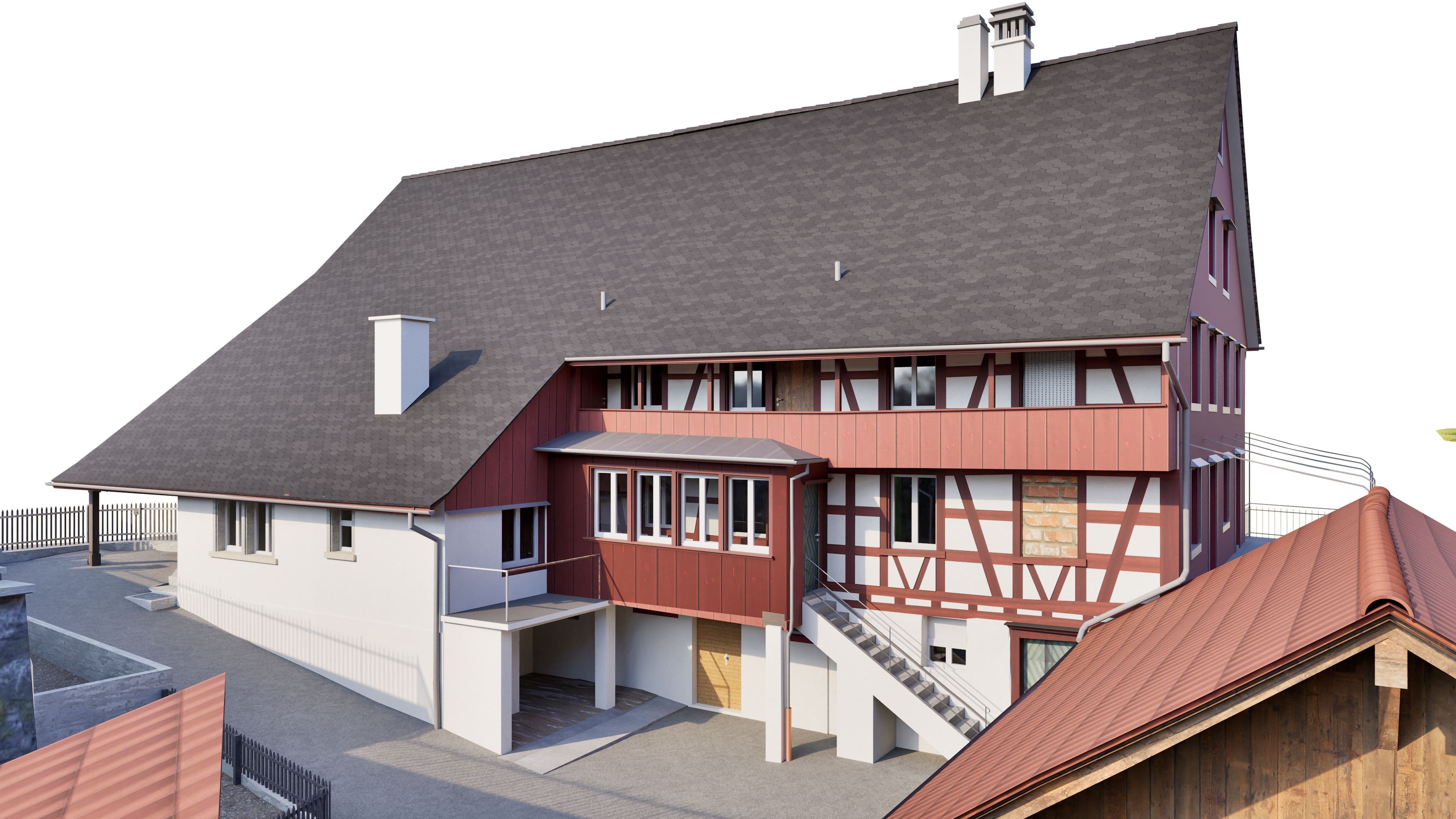 3D-Visualisierung eines sanierten Fachwerkhauses mit großem Satteldach, roten Holzverkleidungen, Außentreppe und Balkonen, modernem Anbau und Hofbereich, Ansicht in Perspektive.