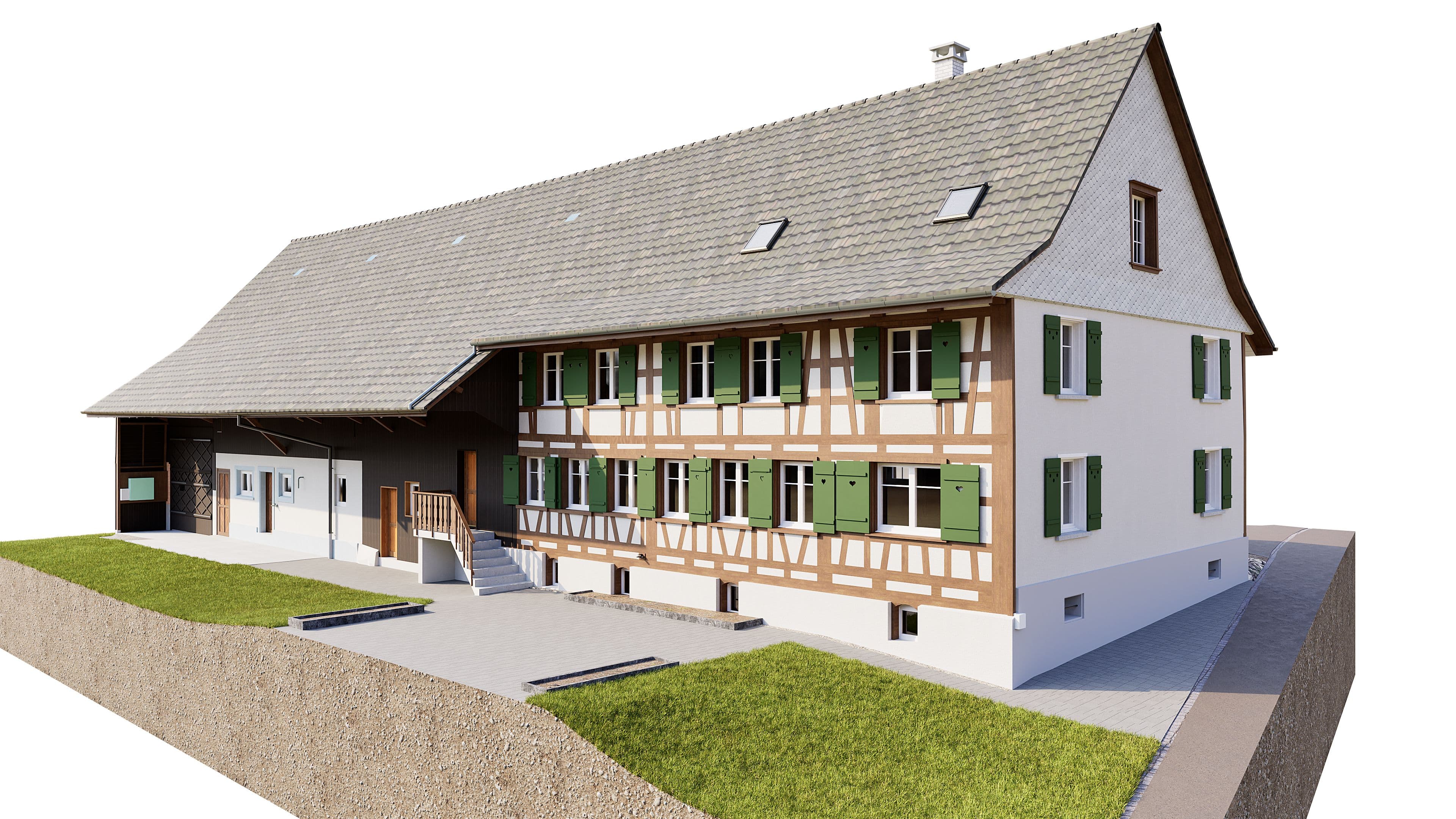 3D-Visualisierung eines traditionellen Fachwerkhauses mit weißer Fassade, grünem Fensterläden, Satteldach und Anbau, Ansicht von schräg vorne, auf Grundstück mit Rasen und Zufahrt.
