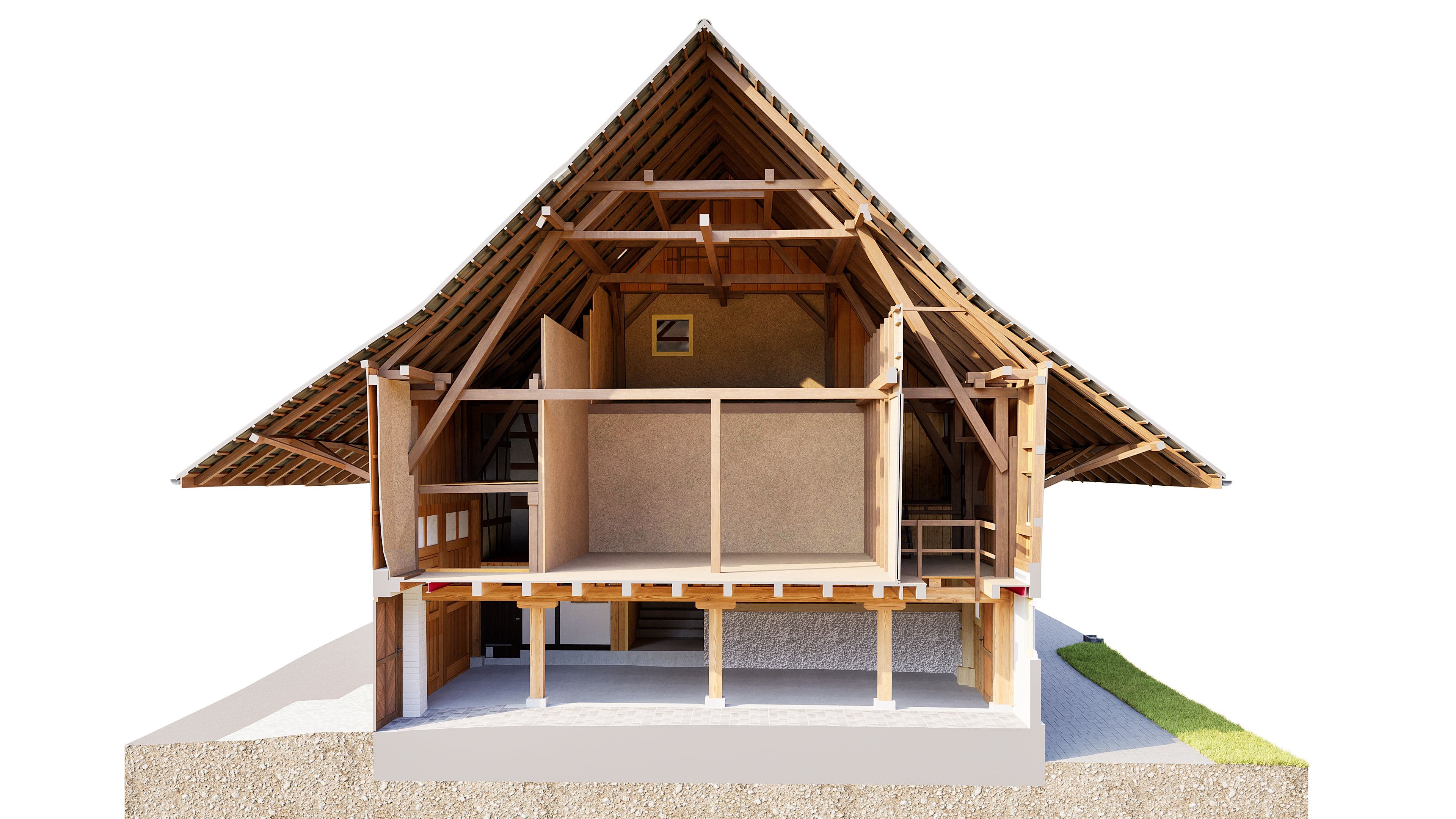 3D-Schnittansicht eines Holzrahmenhauses mit Satteldach, sichtbarer Dachkonstruktion, mehreren Räumen und Etagen auf Betonfundament, Architektur-Visualisierung auf weißem Hintergrund.