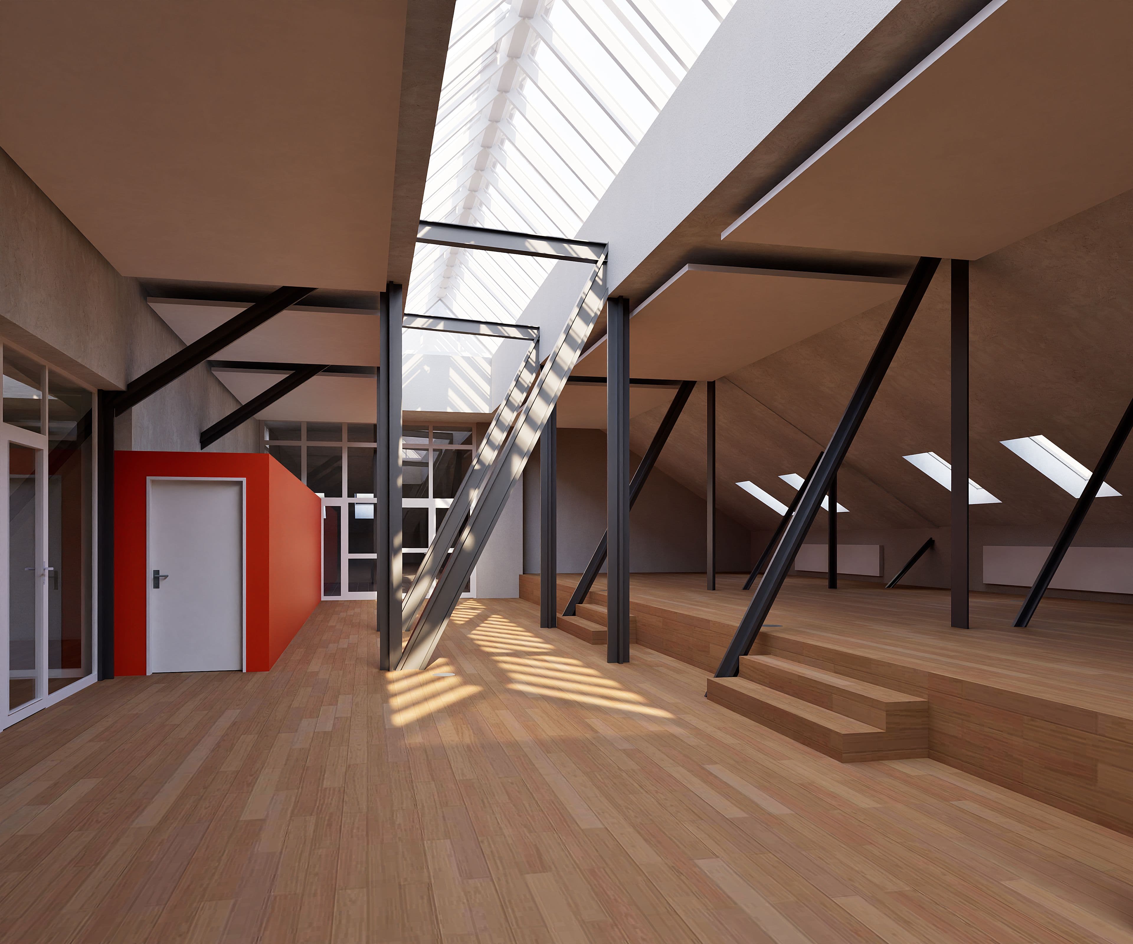 Modernes Loft-Interieur mit großen Dachfenstern, Holzfußboden, schwarzen Stahlträgern, Treppe, gläserner Trennwand und rotem Raumkubus; Tageslicht fällt durch Oberlichter in die offene Halle.
