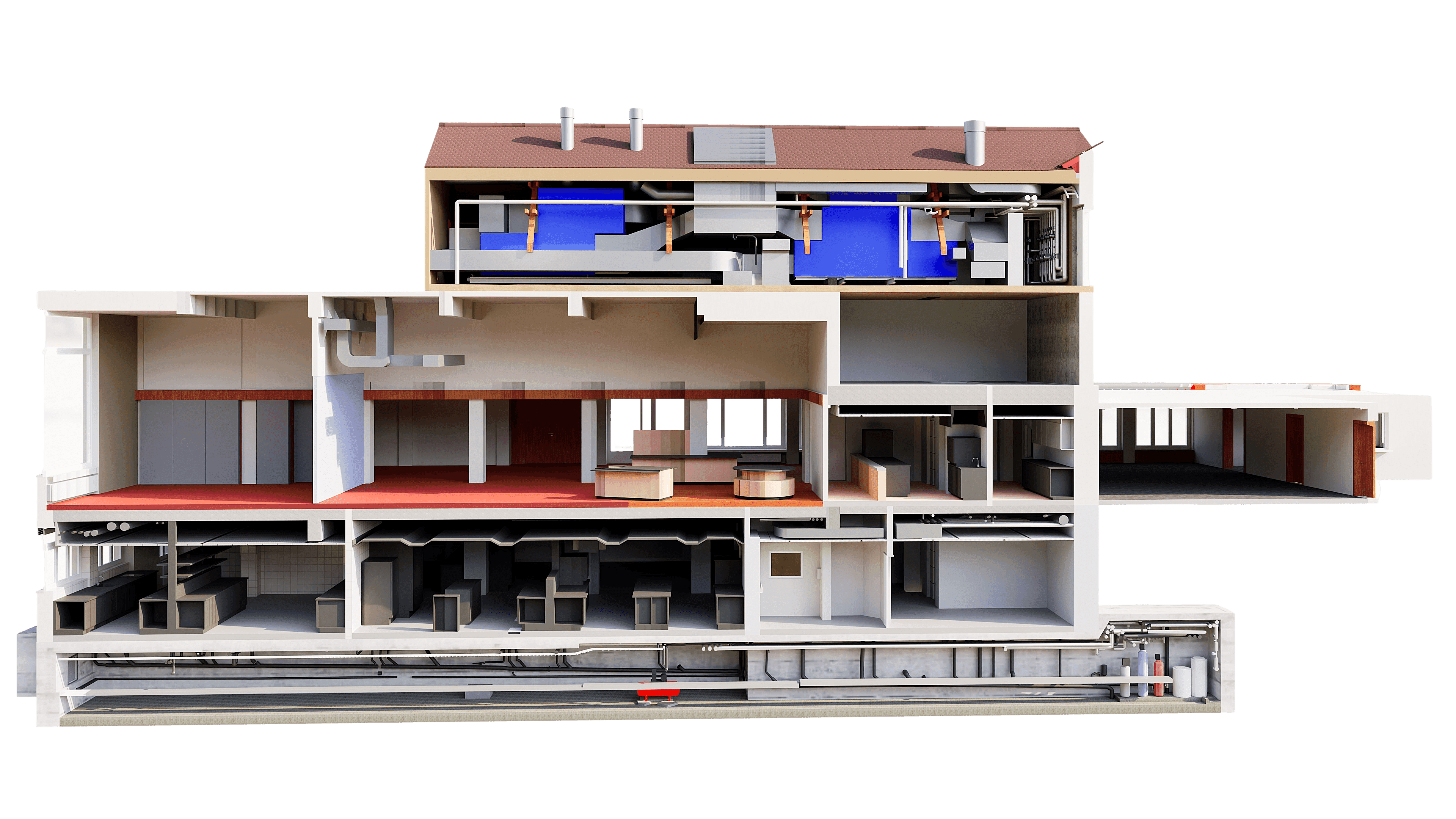 3D-Schnittmodell eines modernen Hauses mit mehreren Etagen, sichtbaren Räumen, Technikbereich und Möbeln; architektonische Querschnitt-Visualisierung für Bauplanung und Innenraumdesign.