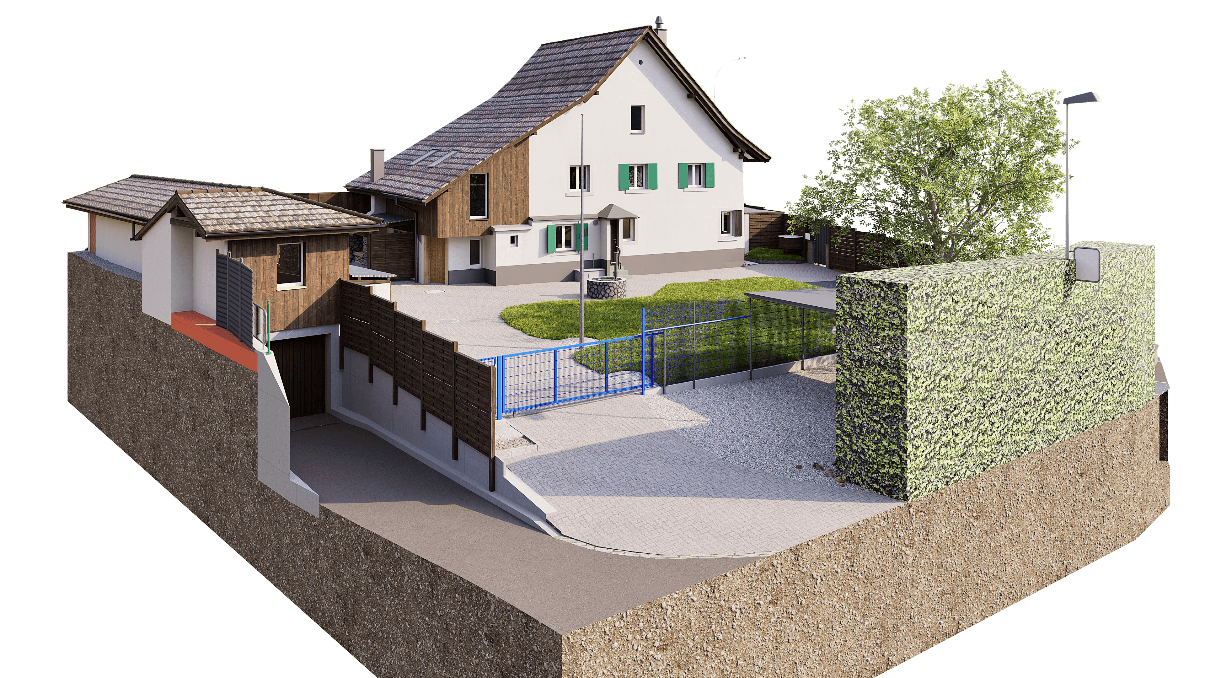 3D-Rendering eines Einfamilienhauses mit Garage, Hofeinfahrt, Garten und Hecke im Schnittmodell – Architekturvisualisierung eines Wohngrundstücks mit Außenbereich und Zufahrt.
