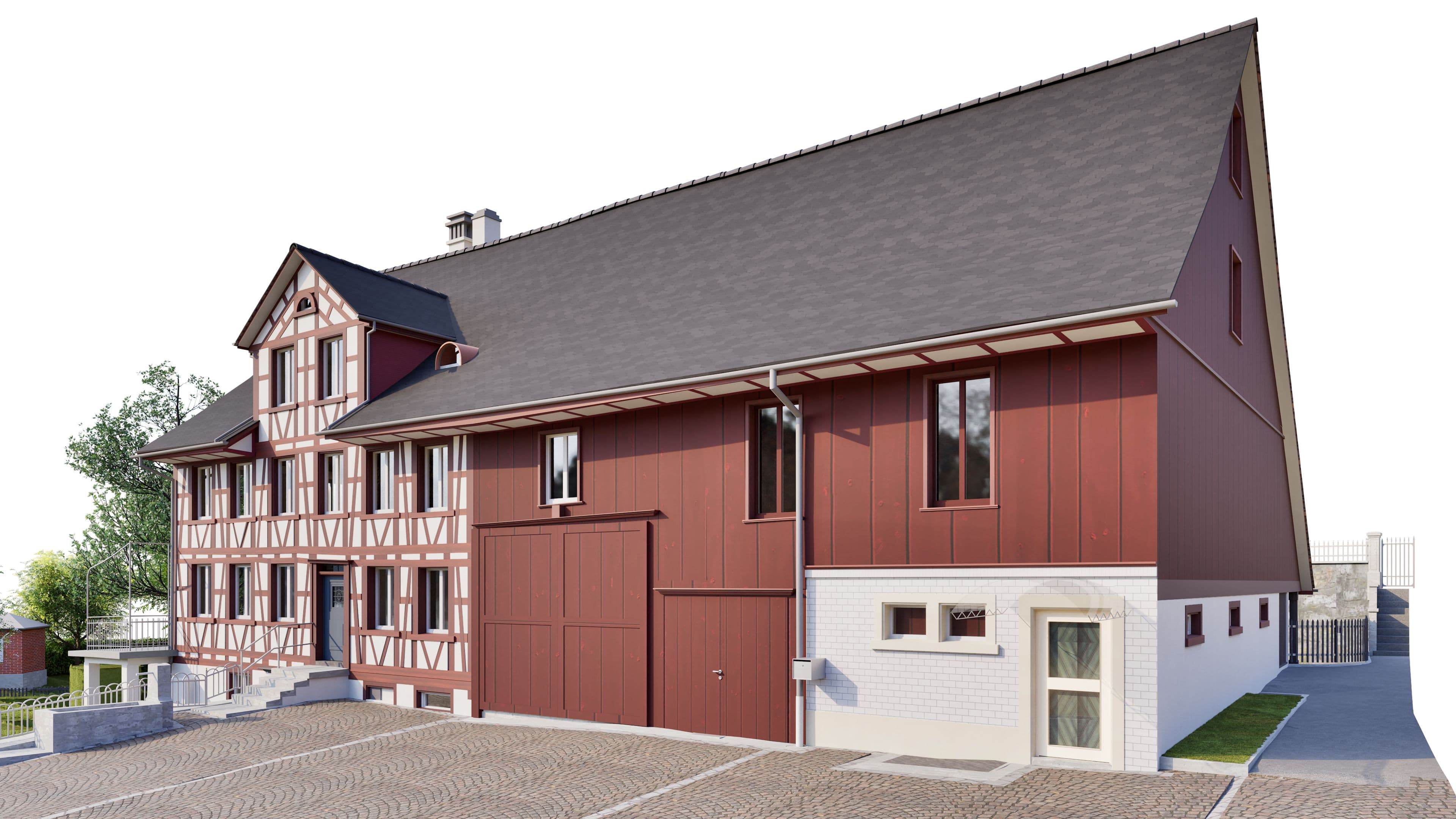 3D-Visualisierung eines renovierten Bauernhauses mit Fachwerk und roter Holzfassade, großem Satteldach, Hofpflaster und Eingangsbereich, moderne Fenster und Anbau, ländliche Architekturansicht.