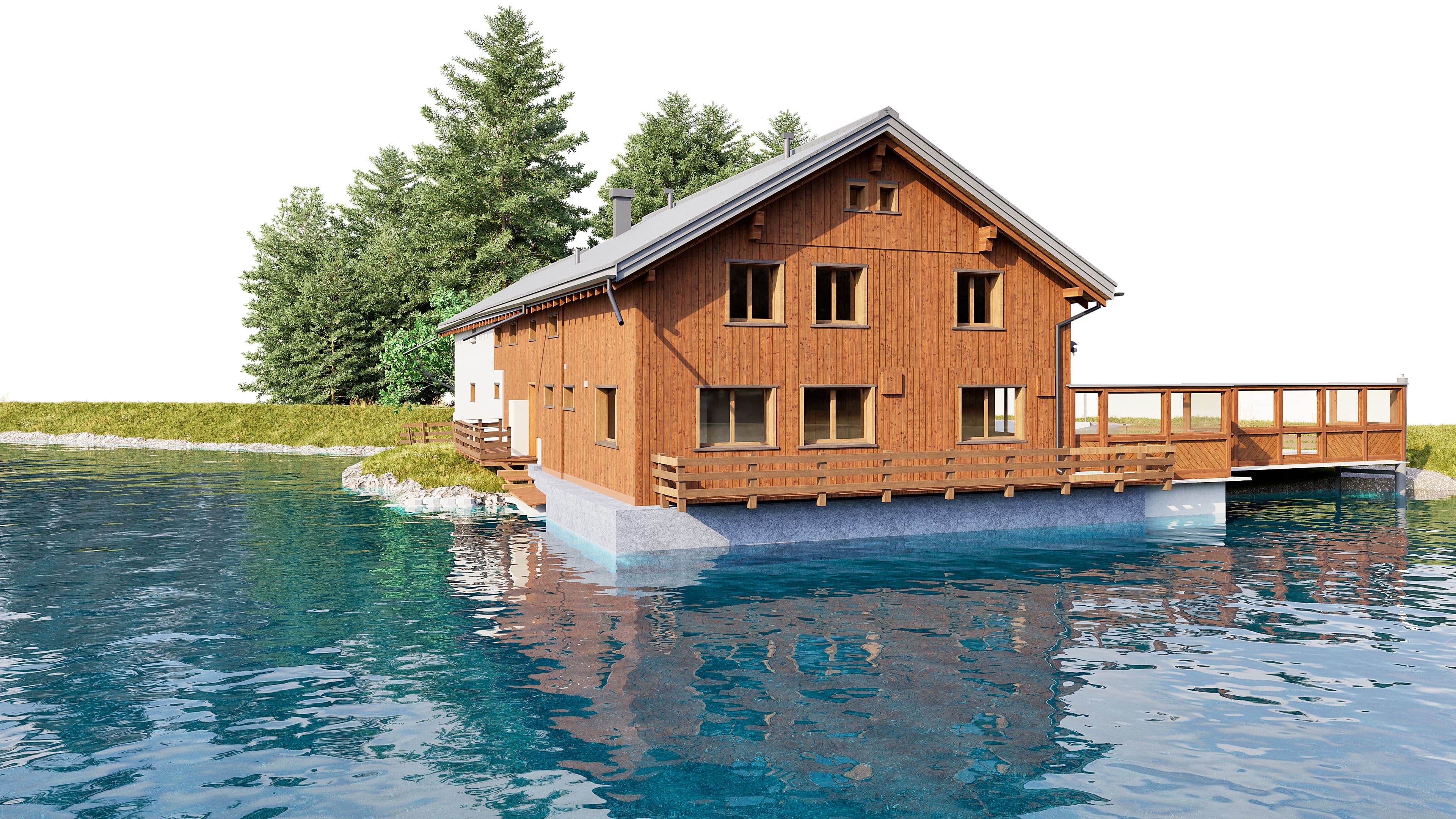 3D-Visualisierung eines Holzhauses am See mit großer Terrasse und Steg, umgeben von Bäumen; Spiegelung im Wasser, sonnige Landschaft.