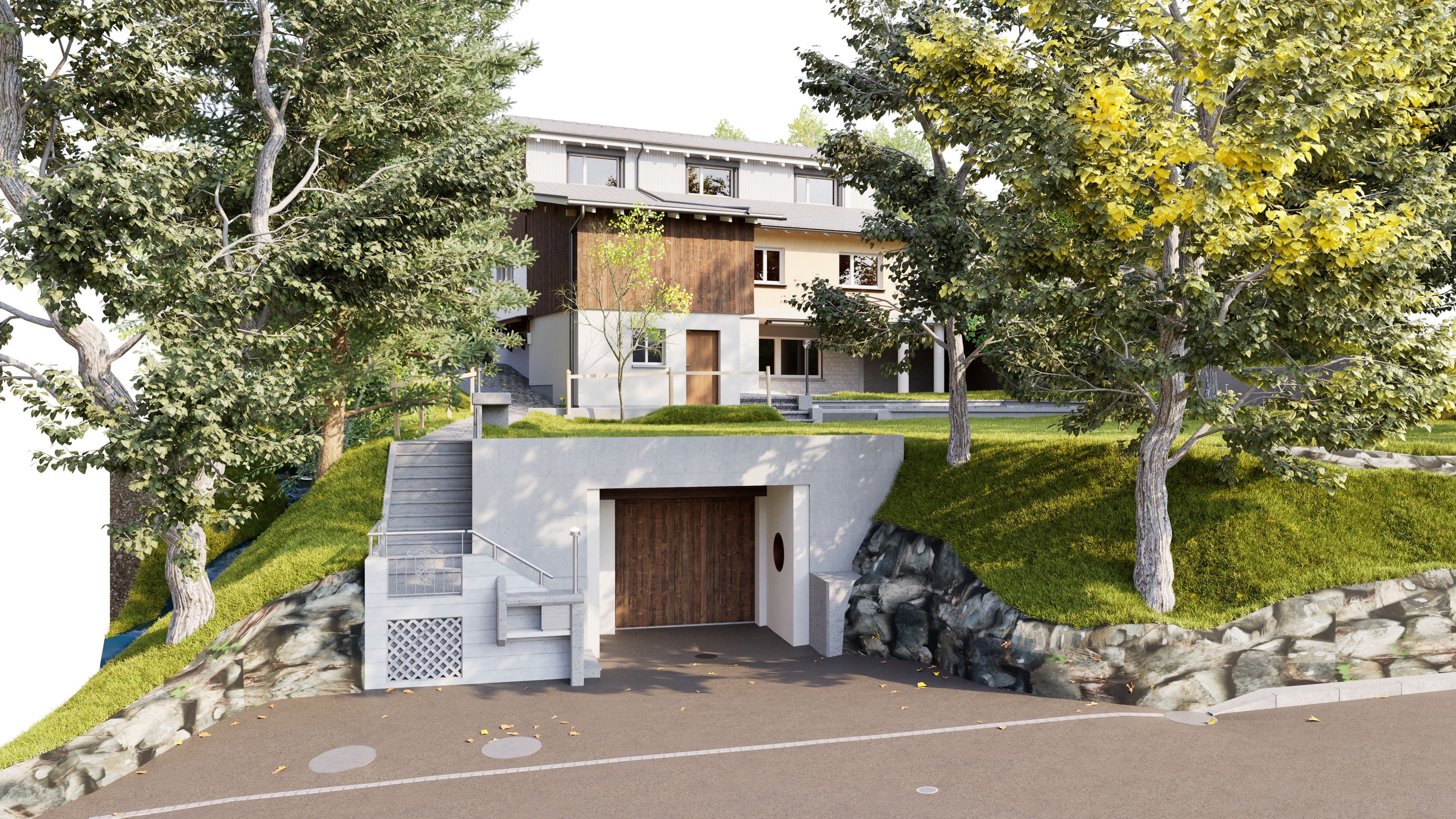 Gebäudevermessung mit 3D-Laserscanning im Aussenbereich zur präzisen Erfassung von Terrain, Umgebung und Bestandsgeometrie