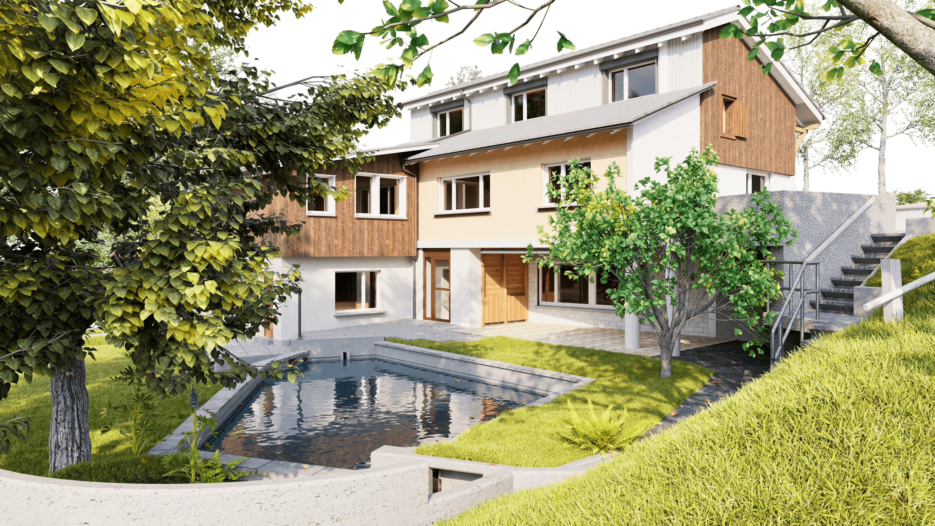 Moderne Doppelhaushälfte mit Holzfassade und großen Fenstern, Gartenanlage mit kleinem Teich, Terrasse und Treppenaufgang am Hang, umgeben von Bäumen und Grünflächen.