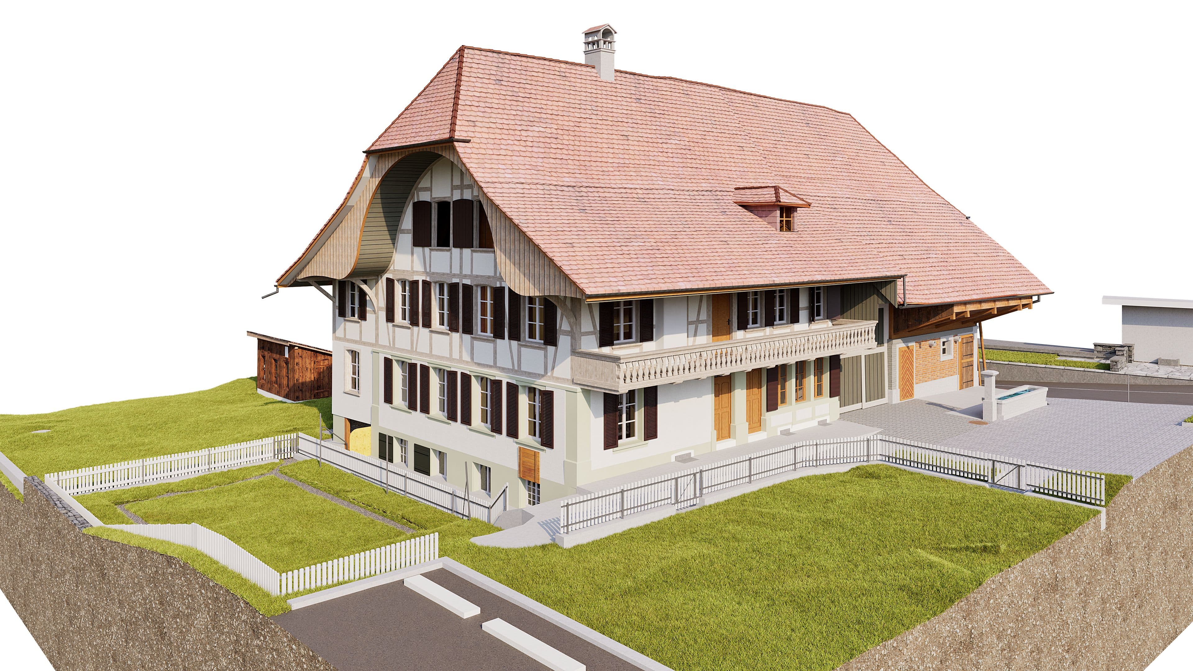3D-Architekturvisualisierung eines großen Schweizer Landhauses mit rotem Ziegeldach, Balkonen und Holzfenstern, umgeben von Garten, Zäunen und Zufahrt auf weißem Hintergrund.