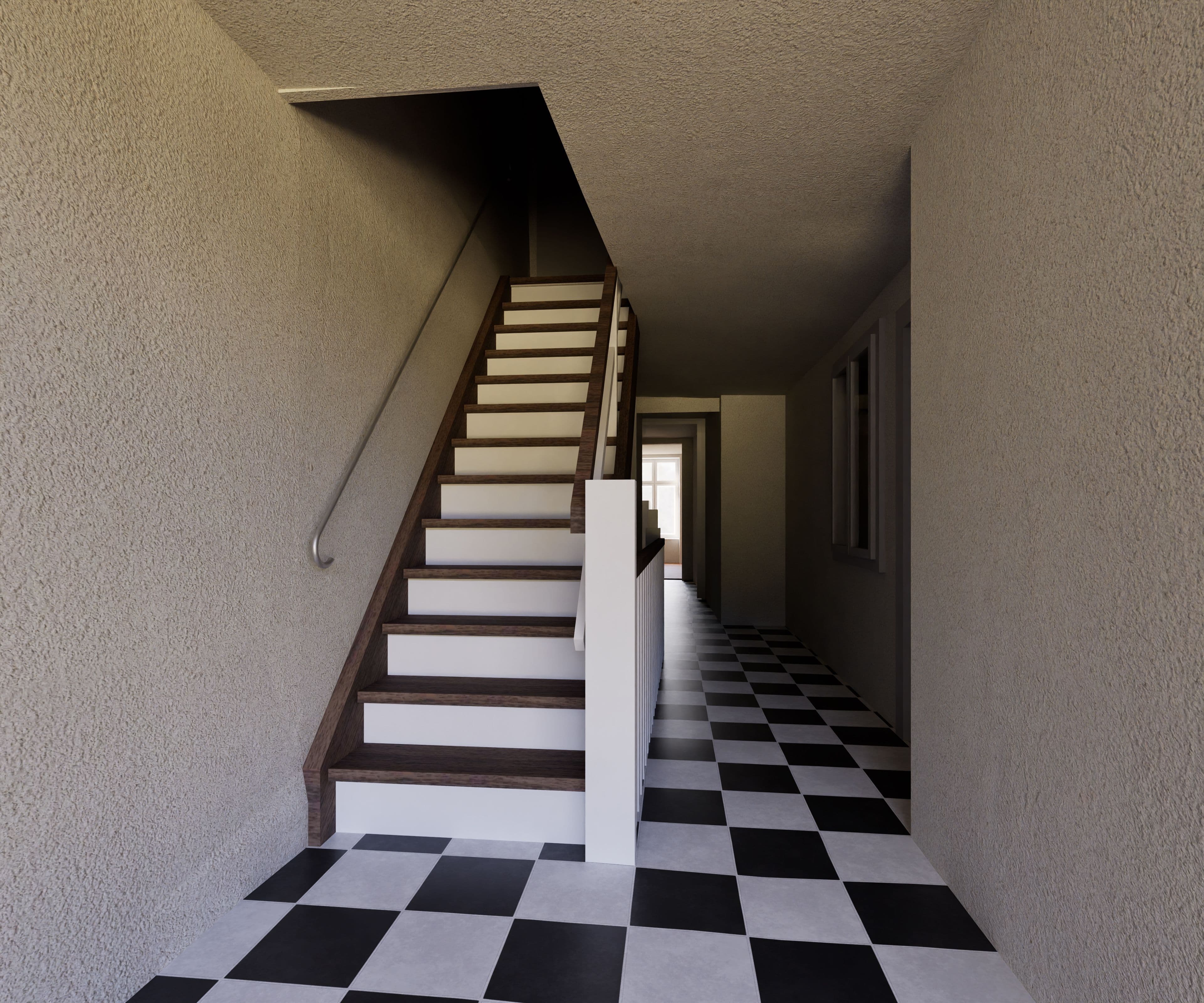 Innenansicht eines Hausflurs mit Treppe ins Obergeschoss, schwarz-weiß kariertem Boden, Handlauf und Türen im Hintergrund, minimalistisch und hell ausgeleuchtet.
