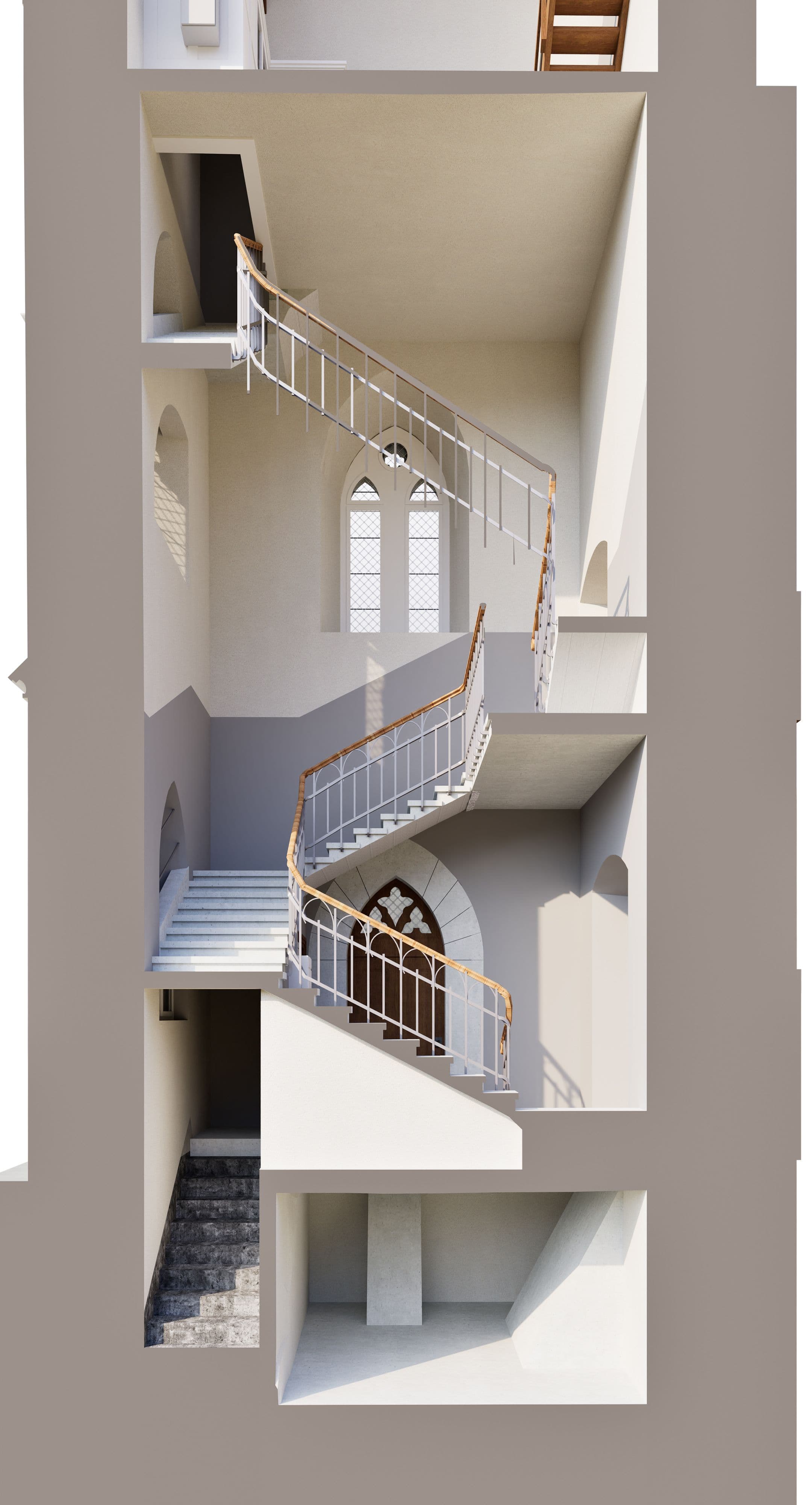 3D-Schnittansicht eines historischen Treppenhauses mit geschwungener Treppe, weißen Wänden, Rundbogenfenstern und Geländern mit Holzhandlauf; Innenraum-Architekturvisualisierung im Hochformat.