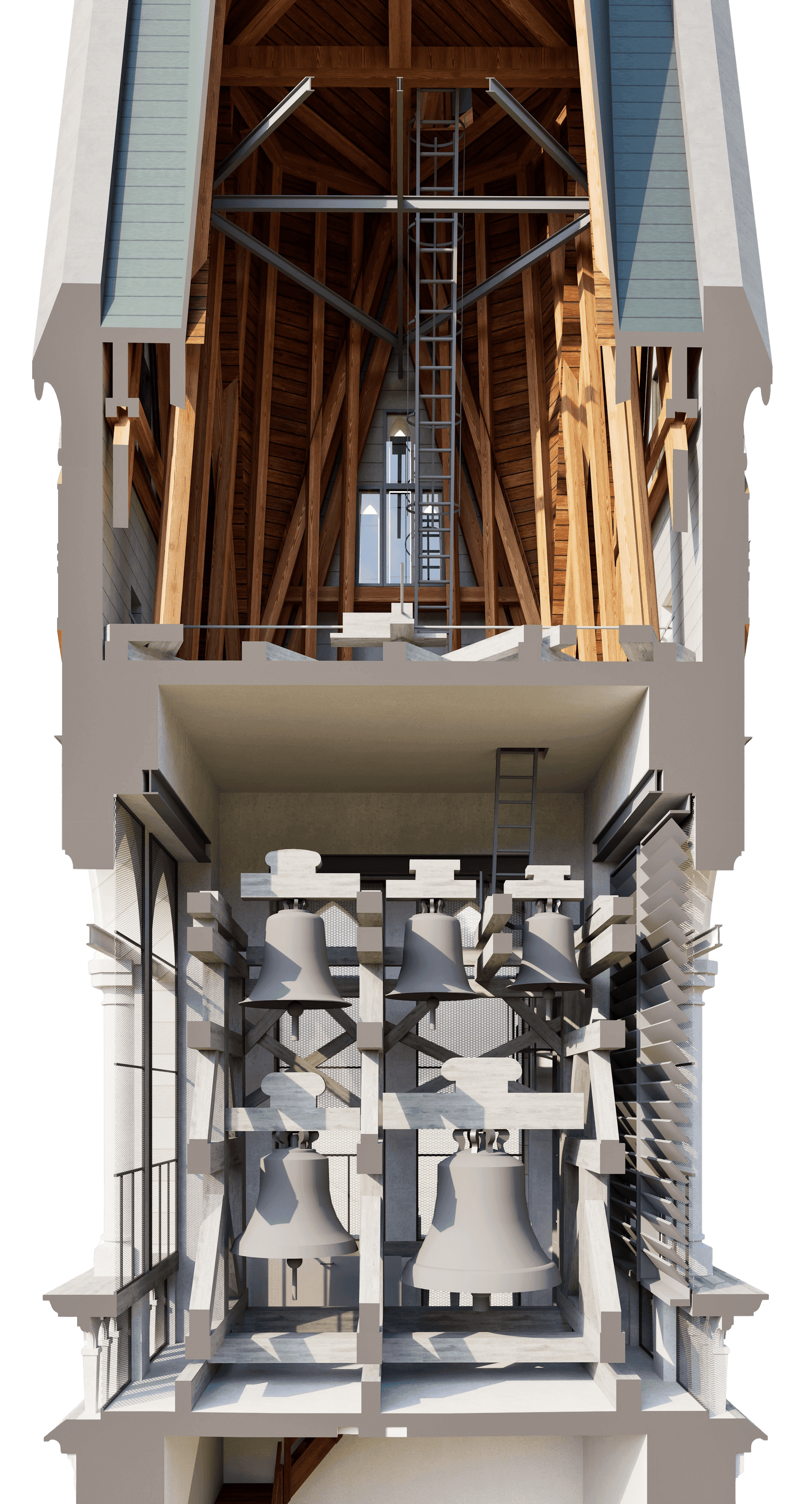 3D-Schnittansicht eines Kirchturms mit Glockenstuhl: mehrere Kirchenglocken im Glockenraum, darüber Holzdachstuhl und Fenster, technische Konstruktion und Innenaufbau sichtbar.