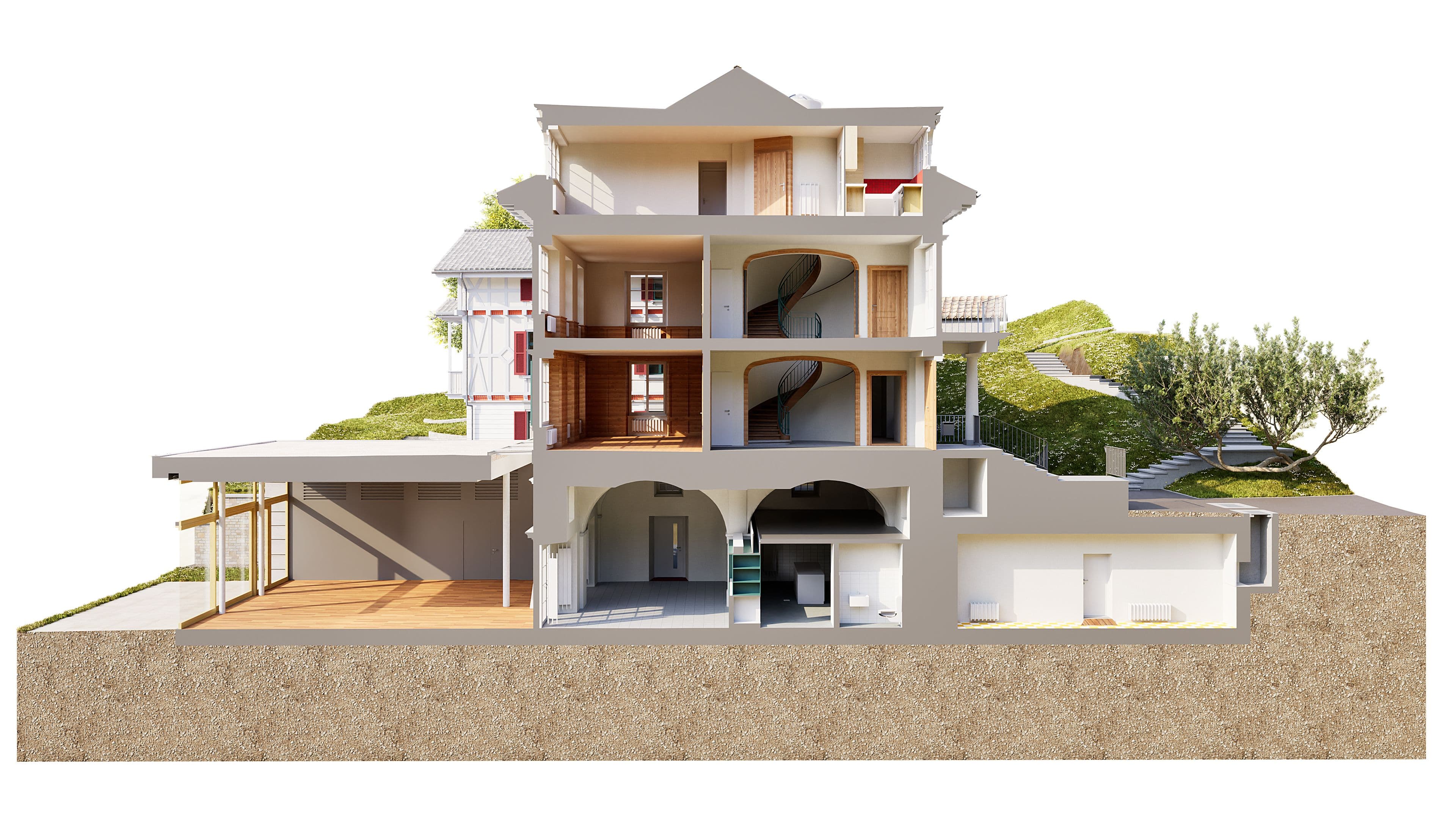 Architektonischer Gebäudeschnitt eines modernen Hauses am Hang mit mehreren Etagen, Innenräumen und Treppen, Garage im Untergeschoss sowie Garten- und Terrassenbereichen, als 3D-Visualisierung auf weißem Hintergrund.
