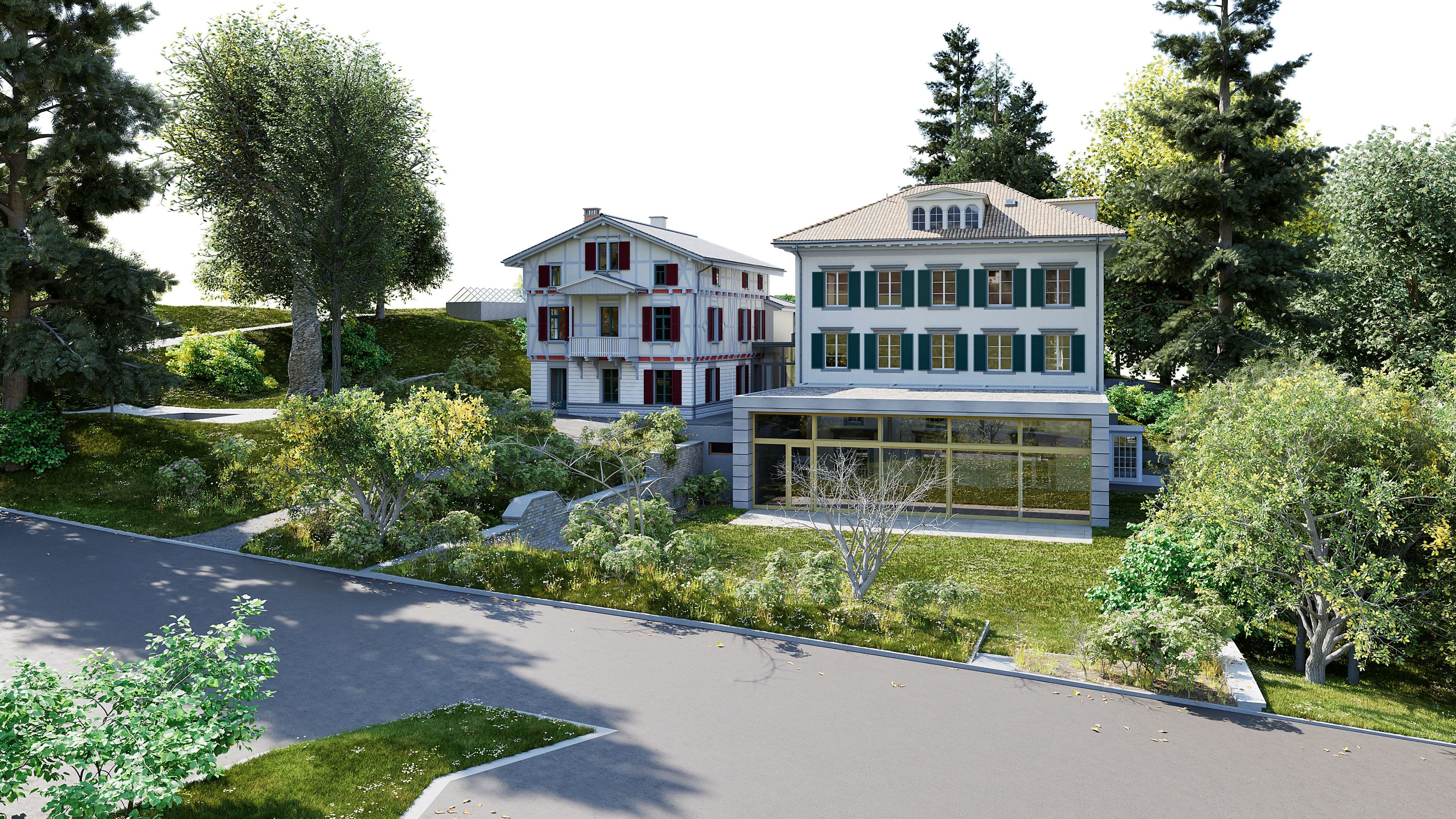 3D-Architekturvisualisierung zweier renovierter Villen mit grünen Fensterläden und Veranda, umgeben von Bäumen und Gartenanlage an einer Straße, sonnige Tagesaufnahme.