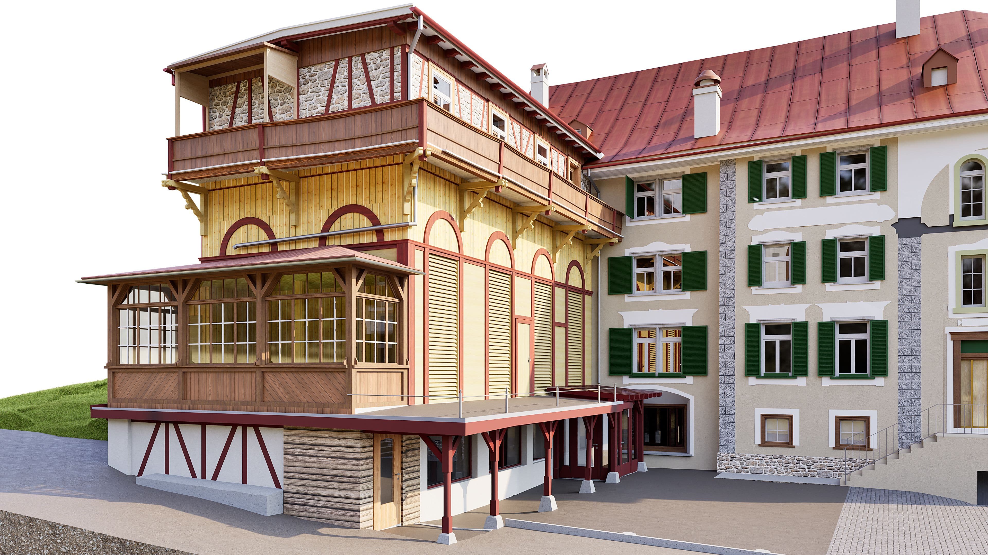 3D-Visualisierung eines historischen Gebäudekomplexes mit Fachwerk-Anbau, großen Fenstern und rotem Dach neben einem mehrstöckigen Haus mit grünen Fensterläden, Außenansicht bei Tageslicht.