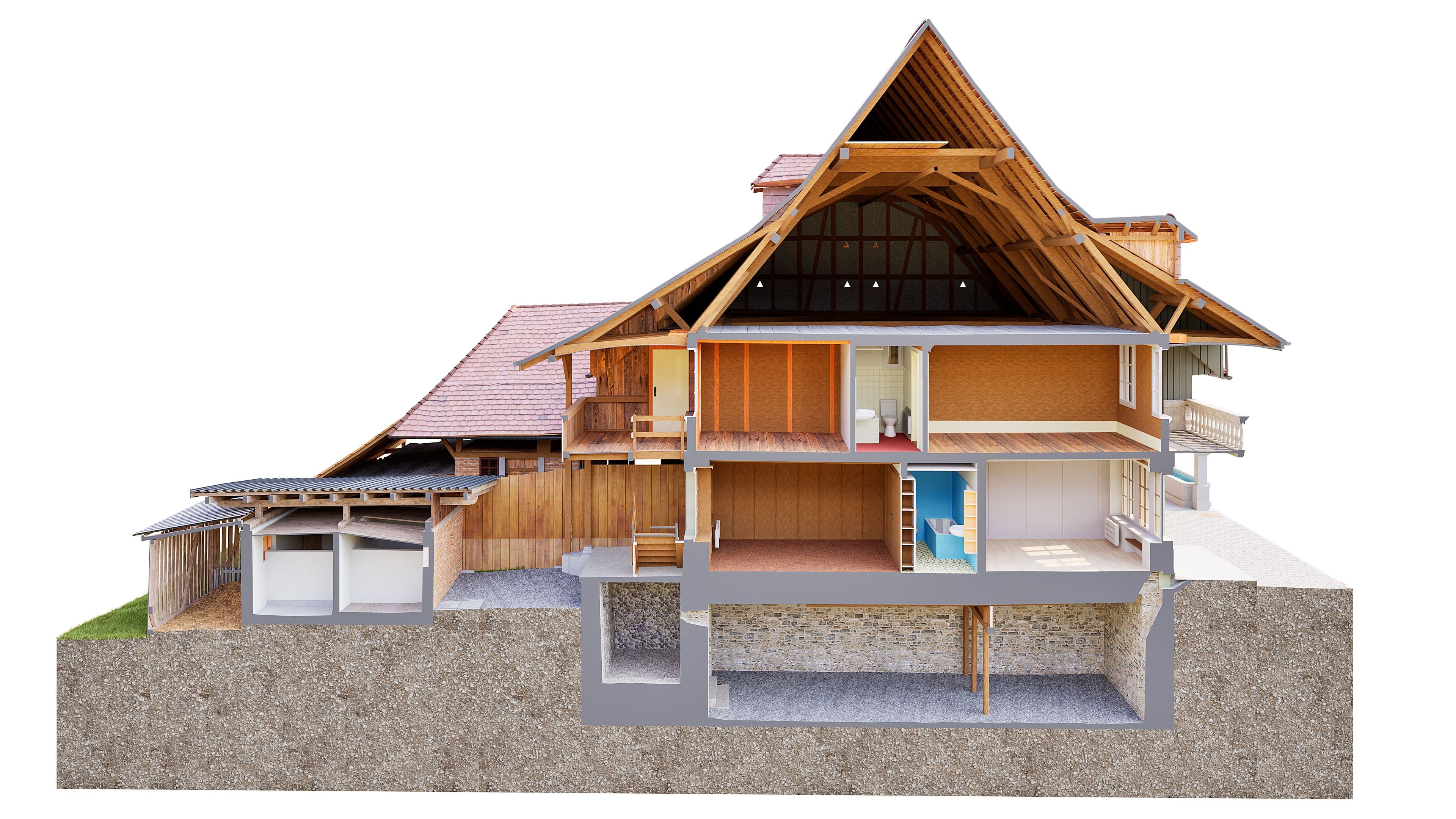 3D-Schnittansicht eines Holzhauses im Alpenstil mit Dachstuhl, Wohnräumen, Garage und Keller – Architektur-Rendering als Querschnitt durch Gebäude und Fundament.
