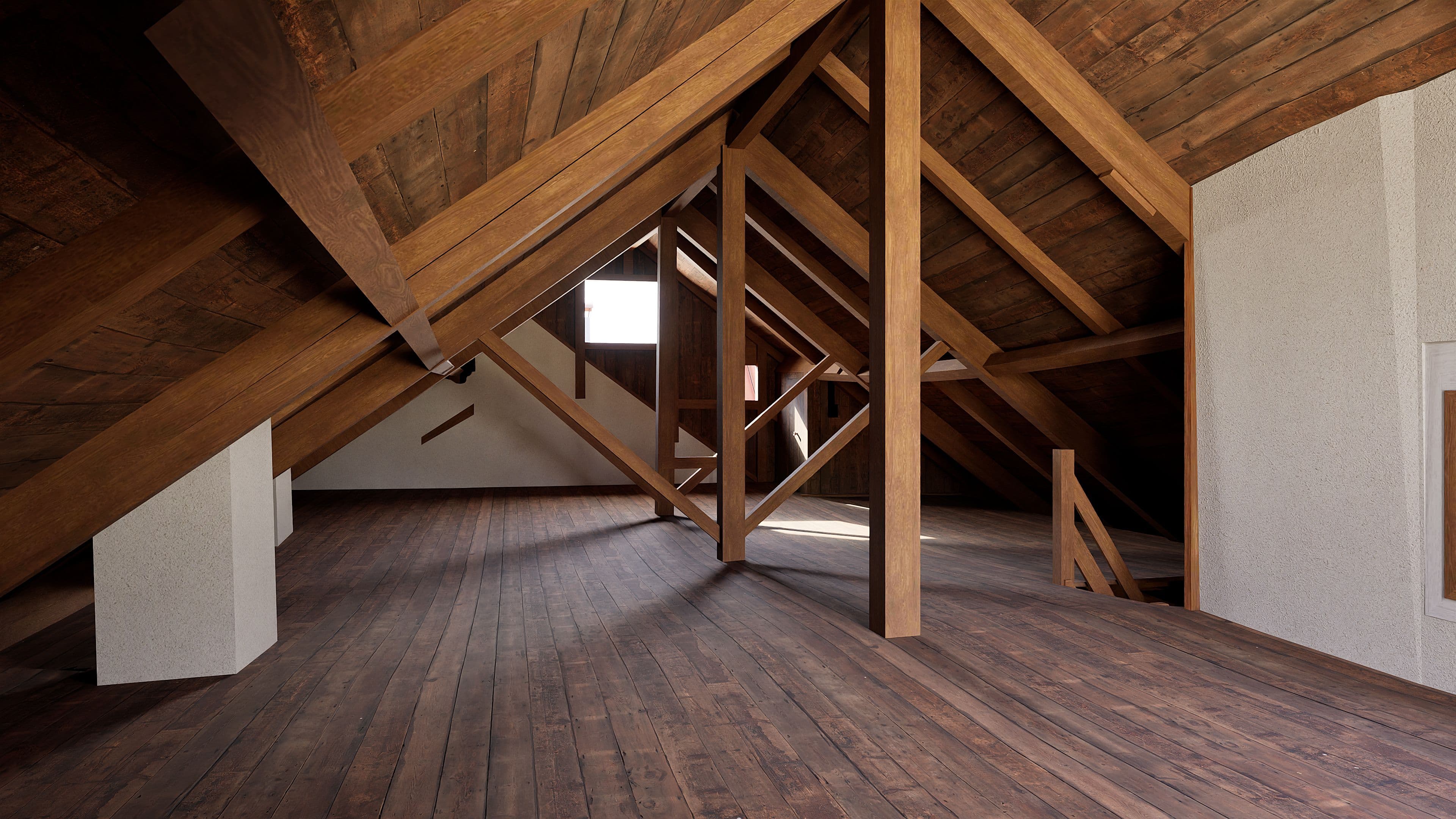 Ausgebauter Dachboden mit sichtbaren Holzbalken, Holzdecke und Dielenboden, großer leerer Raum mit Dachschrägen und Fensterlicht, rustikaler Dachstuhl-Innenraum.