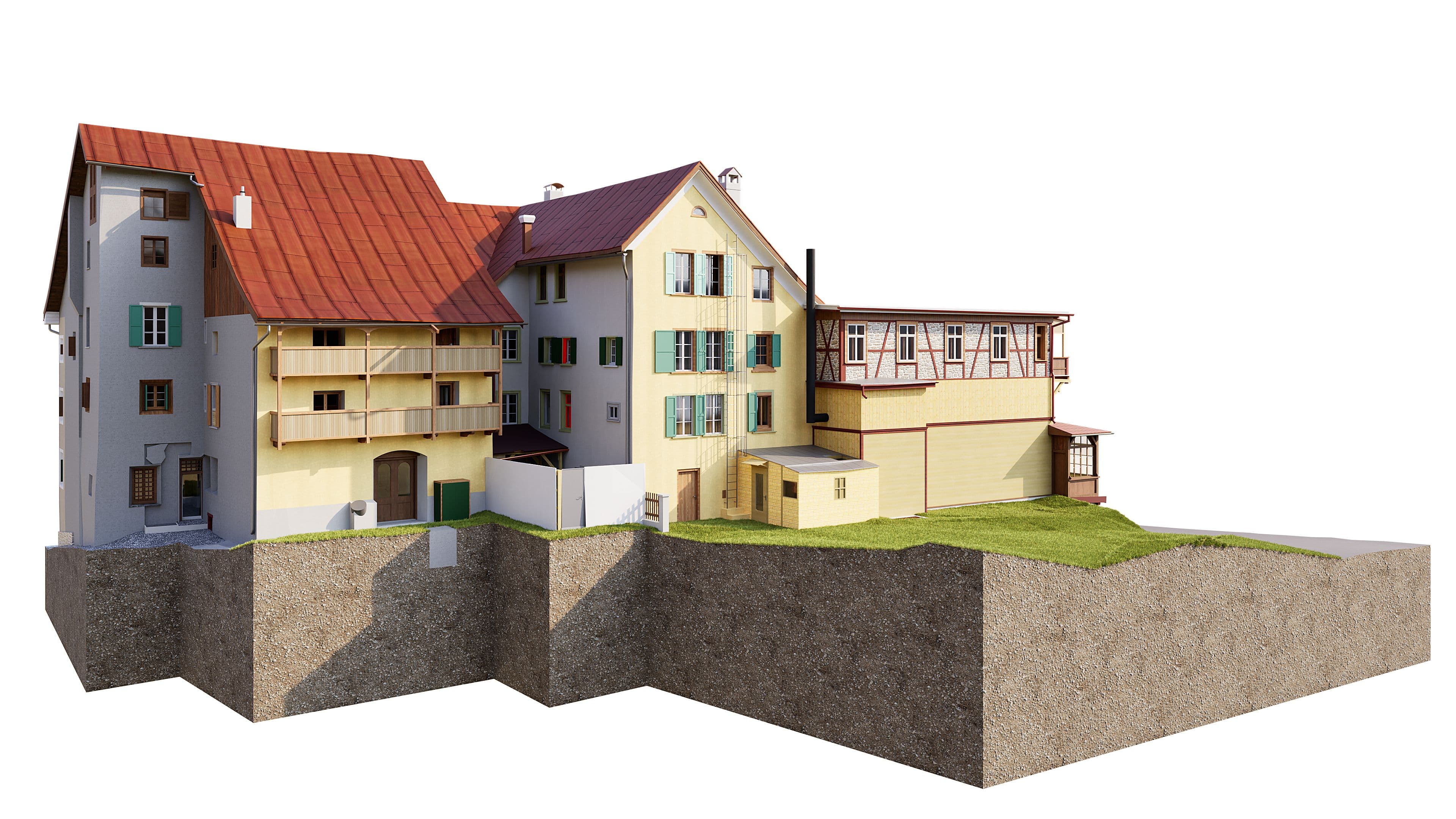 3D-Architekturvisualisierung eines historischen Gebäudekomplexes mit roten Dächern und Fachwerkanbau auf freigestelltem Geländequerschnitt, weißer Hintergrund.