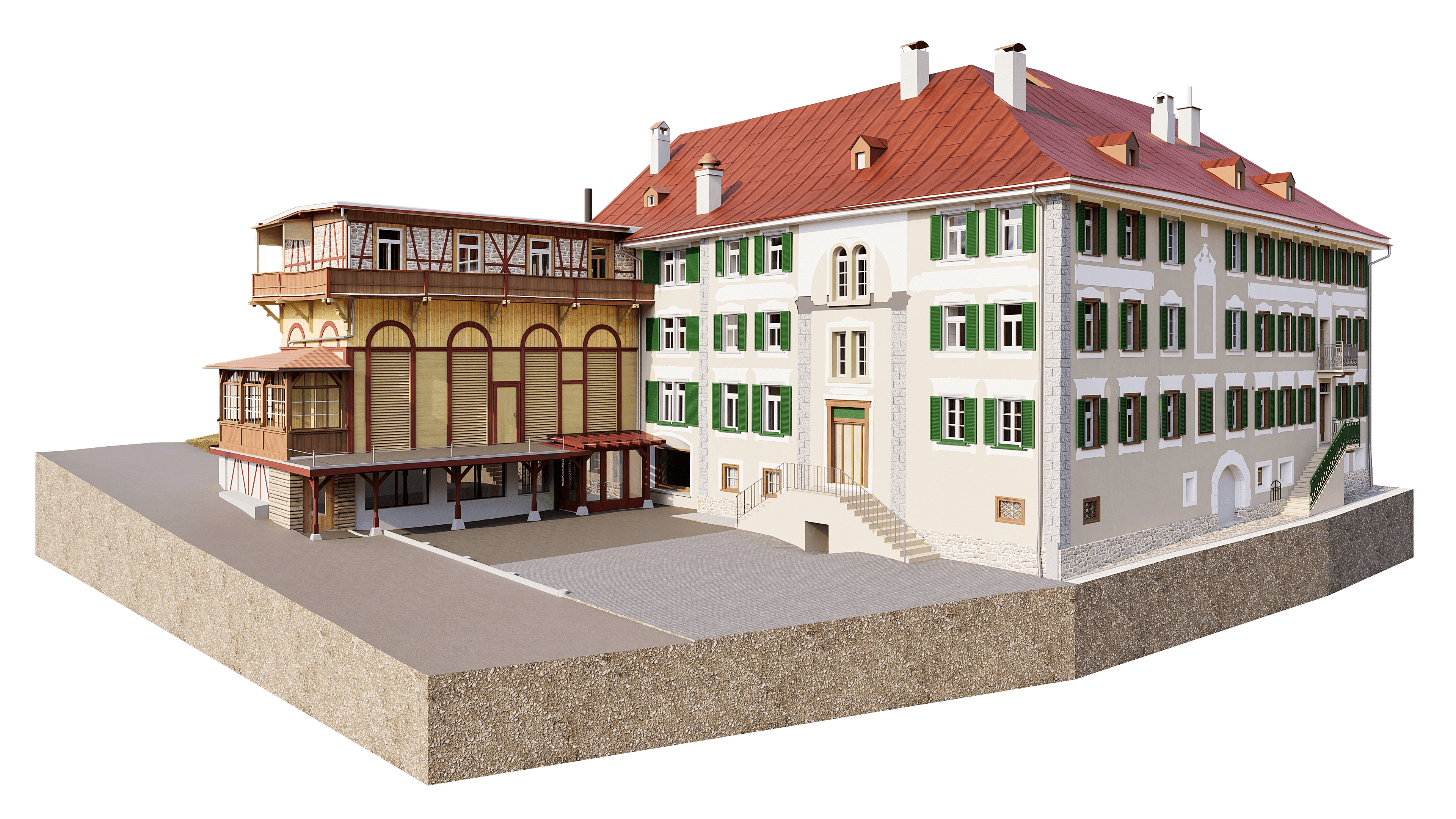 3D-Visualisierung eines historischen Gebäudekomplexes mit rotem Ziegeldach, weißer Fassade und grünen Fensterläden, angebautem Fachwerk-Flügel und Innenhof auf Sockelplatte.