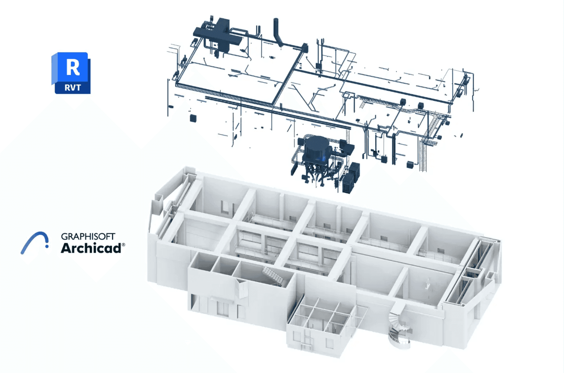 3D-Architekturmodell und technische Zeichnung, erstellt mit Graphisoft Archicad und RVT-Plugin.