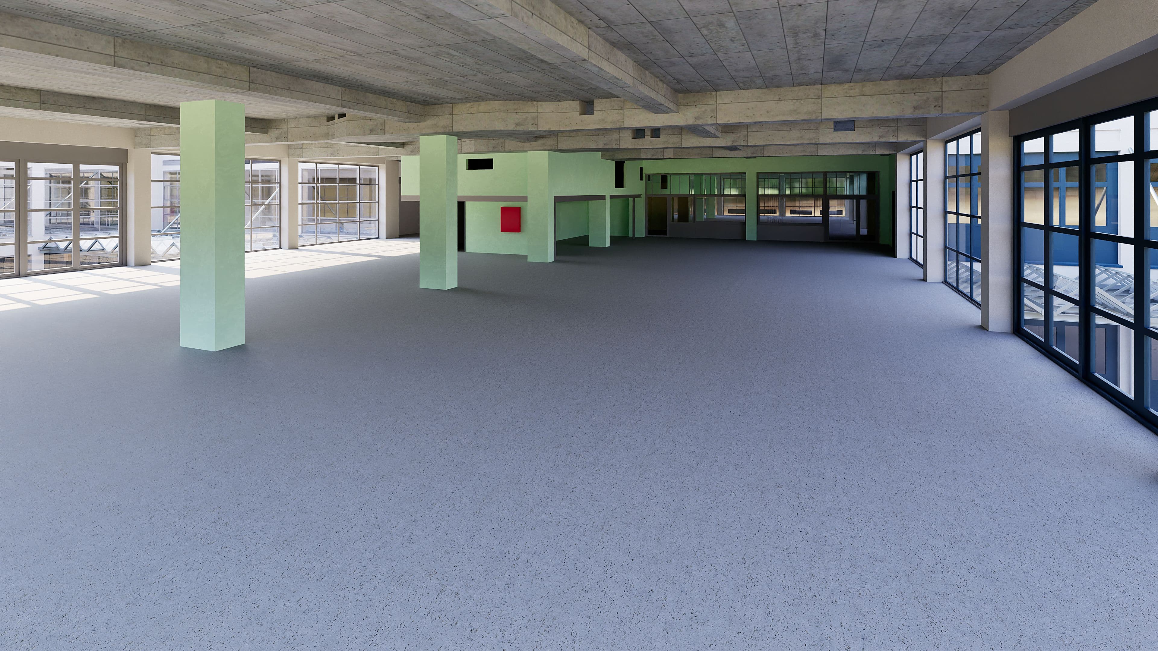 3D-Visualisierung eines leeren, offenen Innenraums mit Betondecke, Stützpfeilern und großen Fensterfronten; moderne Industriearchitektur mit viel Tageslicht und weitläufiger Fläche.