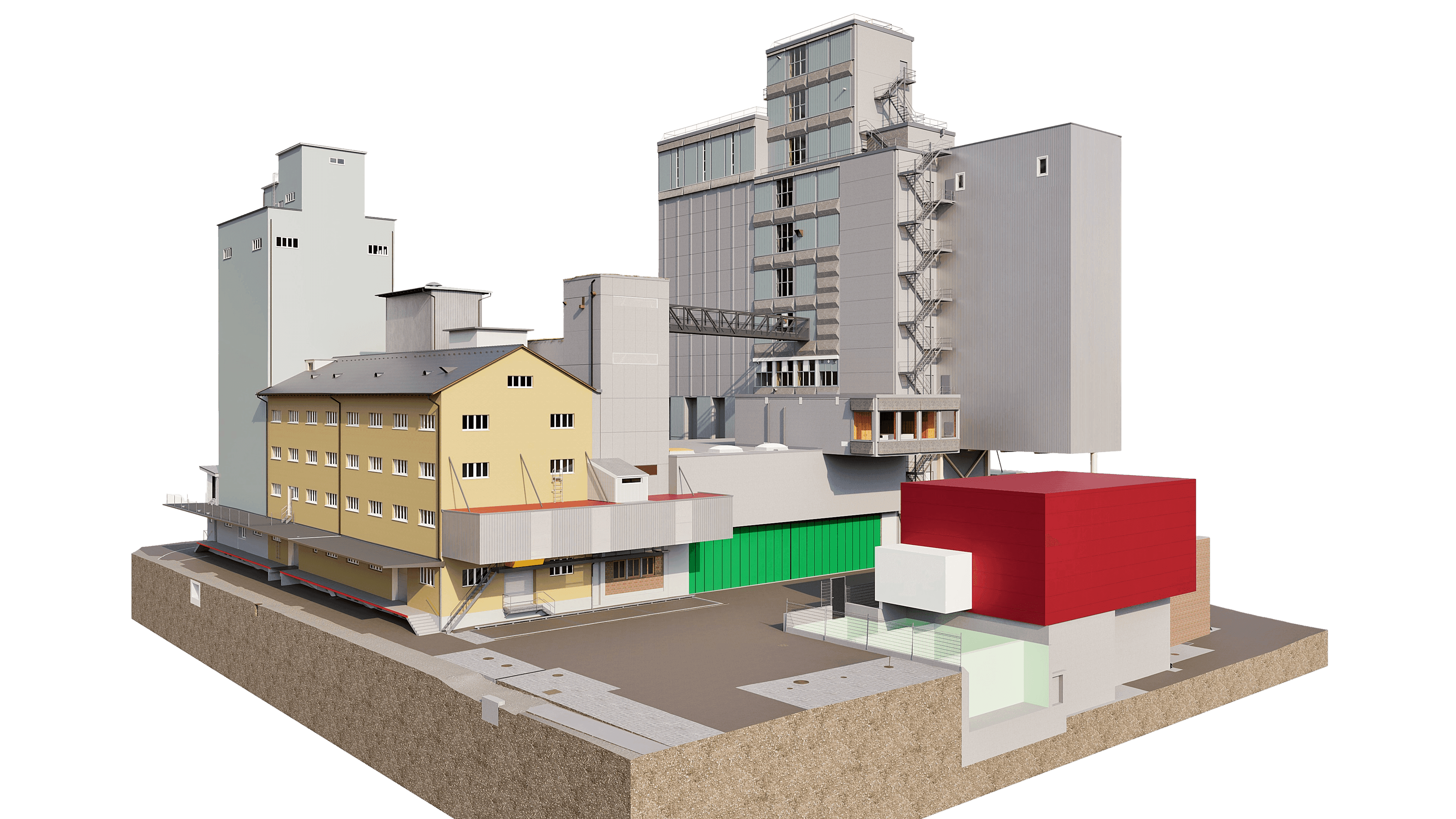3D-Visualisierung eines Industriekomplexes mit mehreren Fabrikgebäuden und Silotürmen, Lagerhallen und Zufahrtsbereich auf Sockel, moderne Architektur in neutralen Farben.