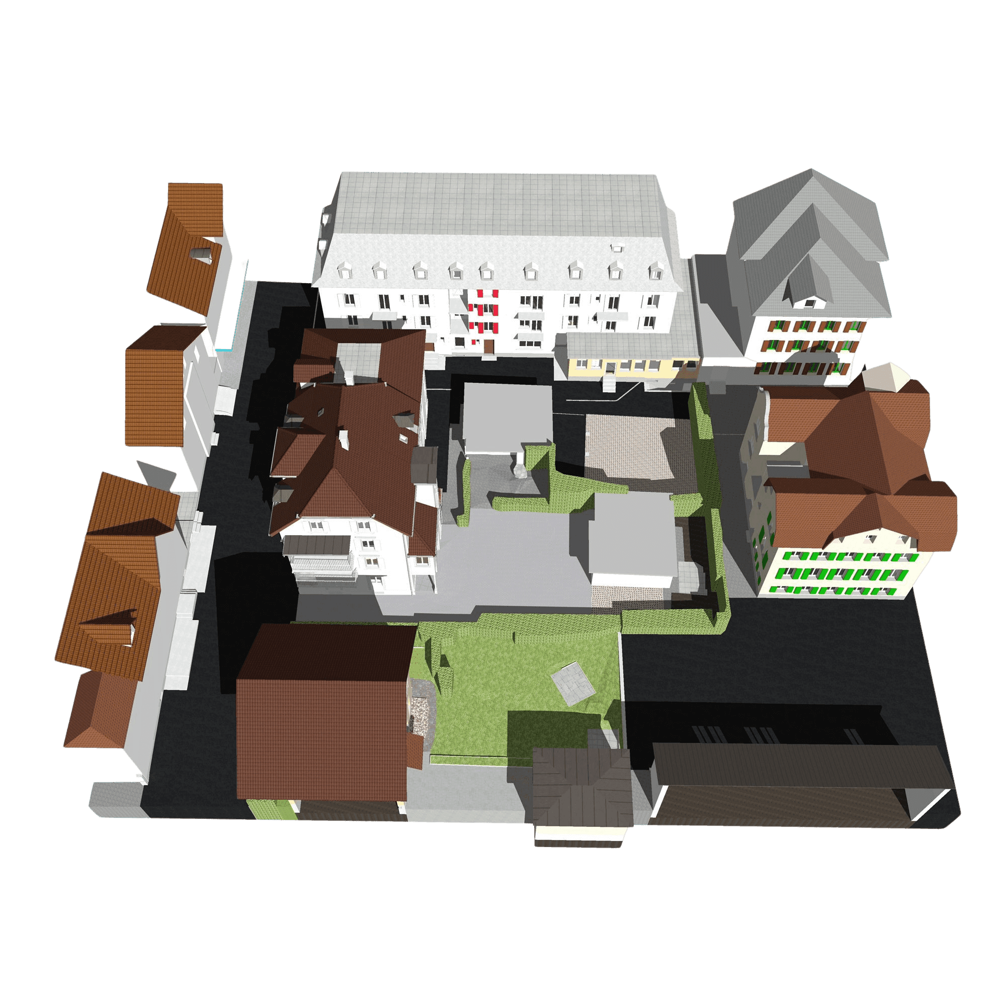 Modell einer städtischen Gebäudeanordnung mit mehreren Häusern, Höfen und Grünflächen. Ideal für Stadtplanung und Architekturprojekte.