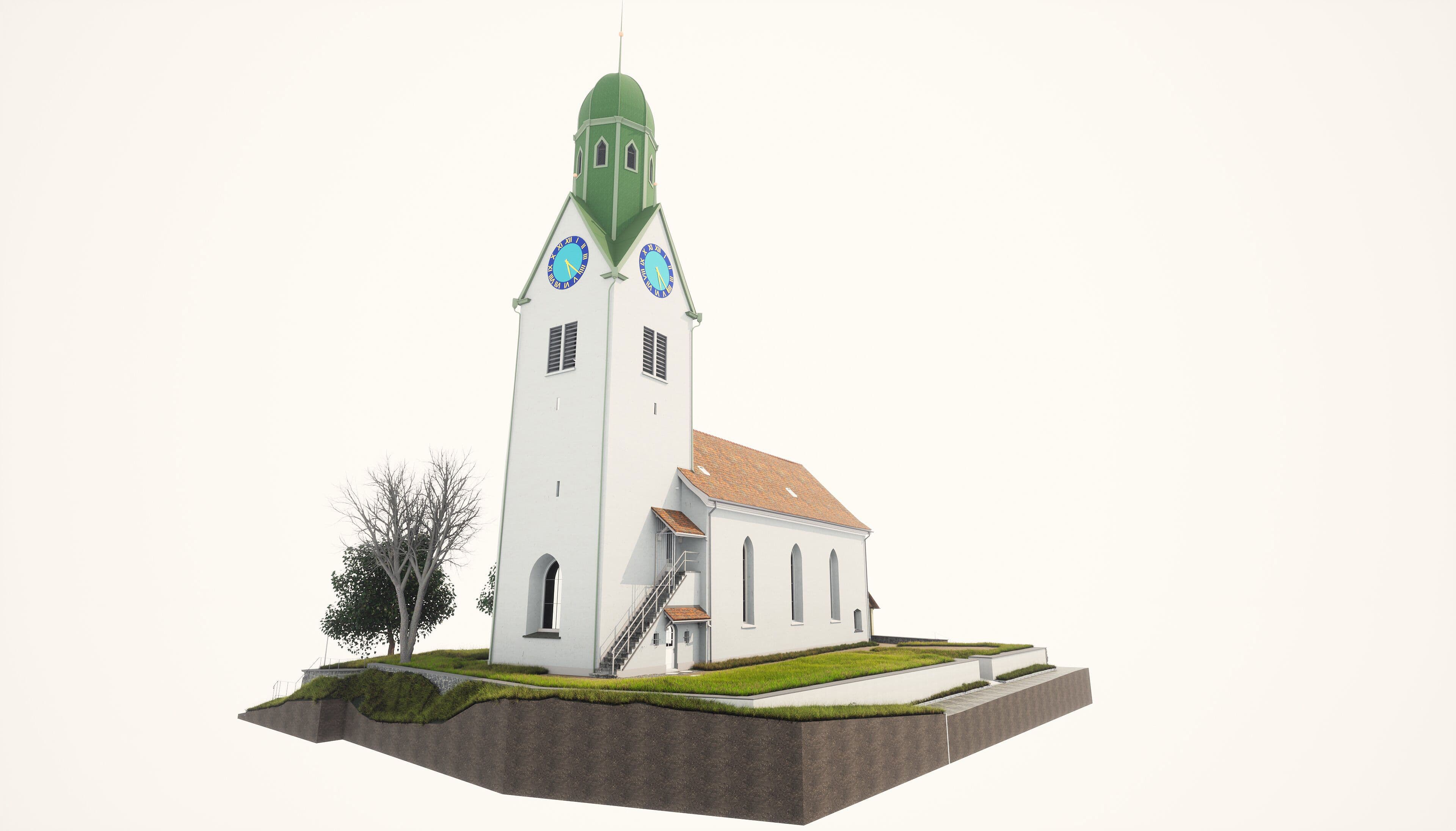 3D-Modell einer Kirche mit hohem grünen Turm und umliegender Landschaft.