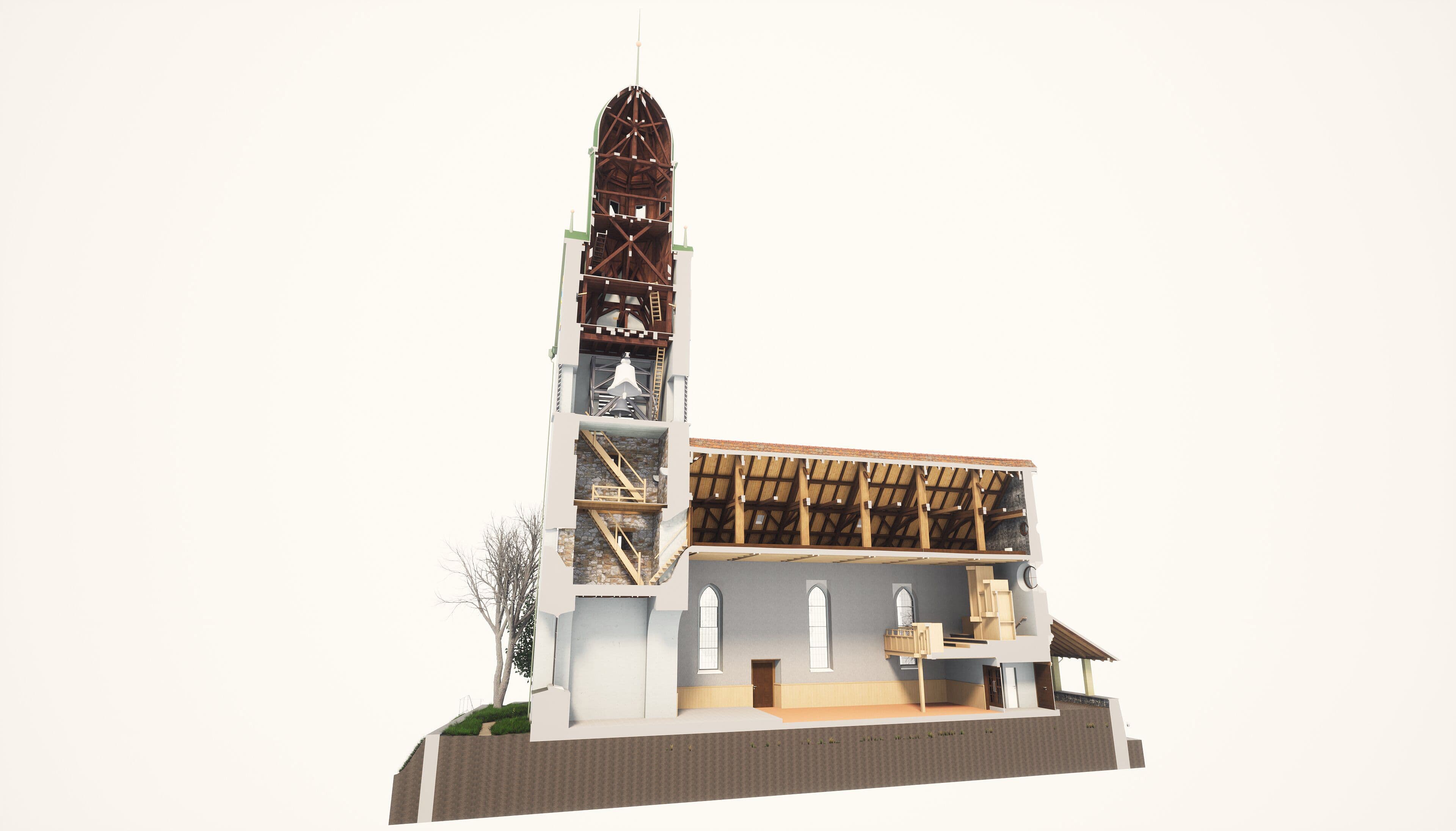 Eine detaillierte 3D-Schnittansicht einer historischen Kirche mit Dach- und Turmkonstruktion, präsentiert die innere Struktur und Architektur der Kirche.
