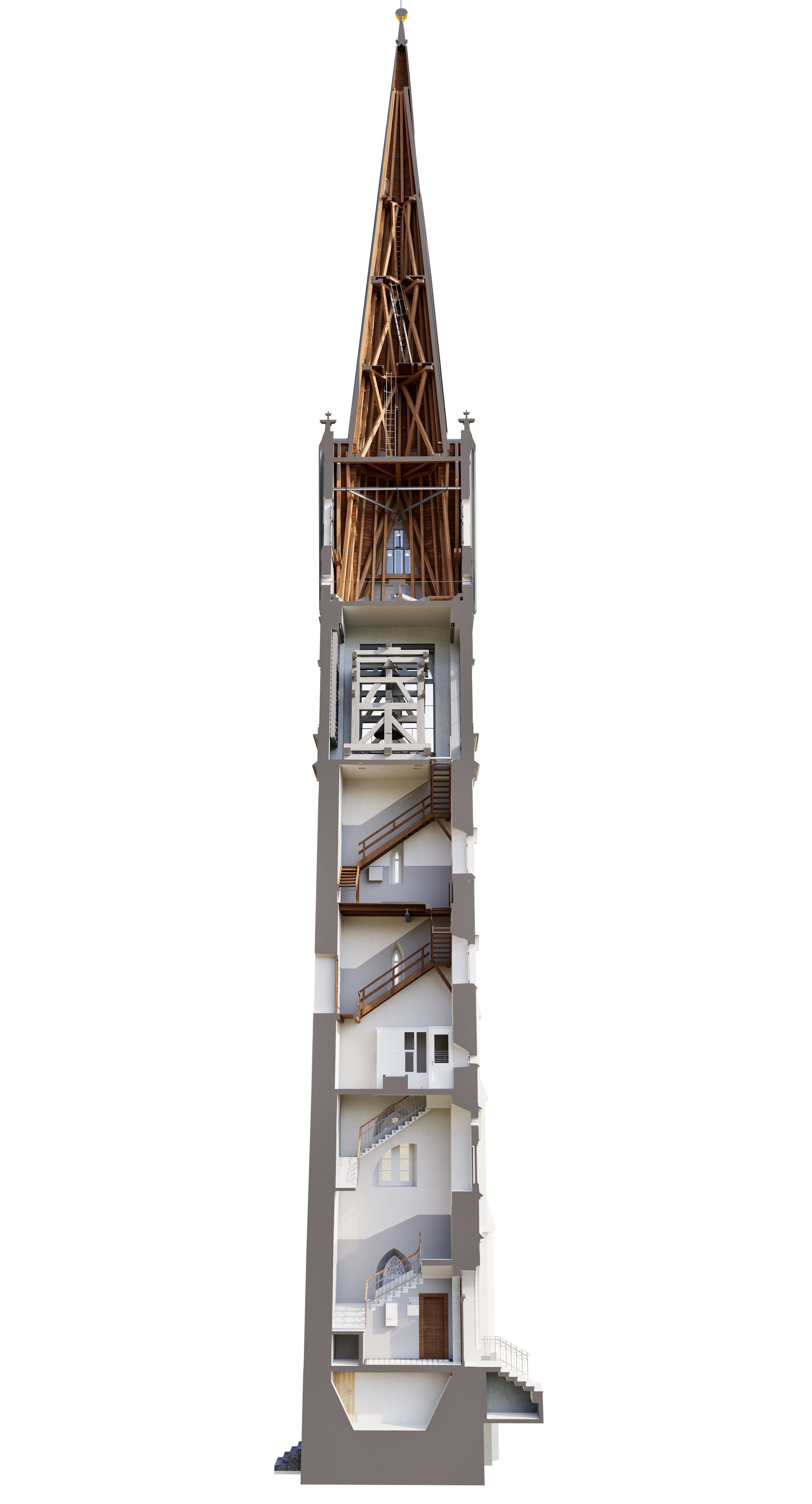 Schnittmodell eines Kirchturms mit hohem Spitzhelm: Innenansicht mit Treppen, Zwischenebenen und Glockenstube, freigestellt auf weißem Hintergrund.
