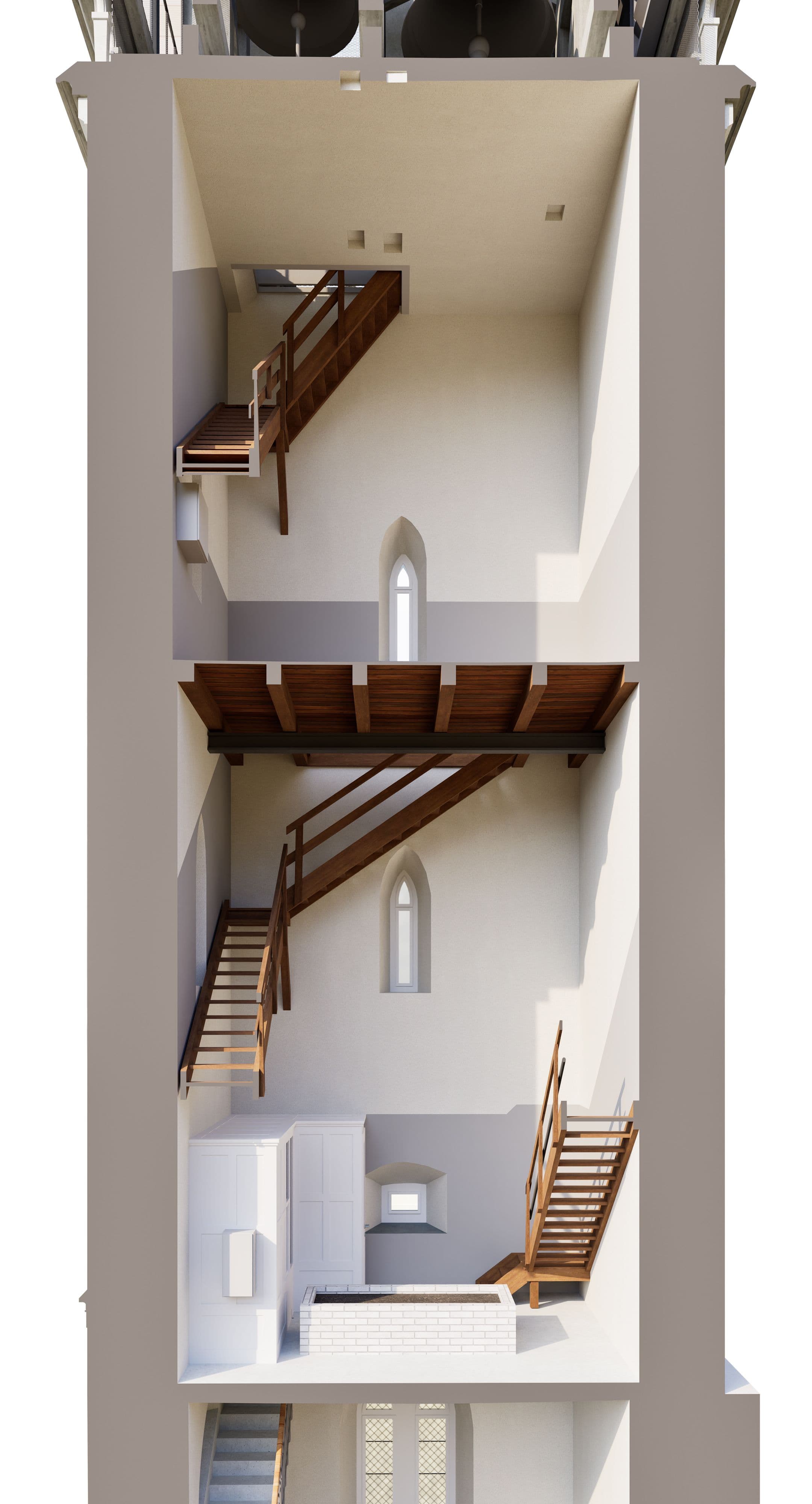3D-Schnittansicht eines mehrstöckigen Turminnenraums mit Holztreppen, Podesten und Galerie, weißen Wänden und schmalen Spitzbogenfenstern.