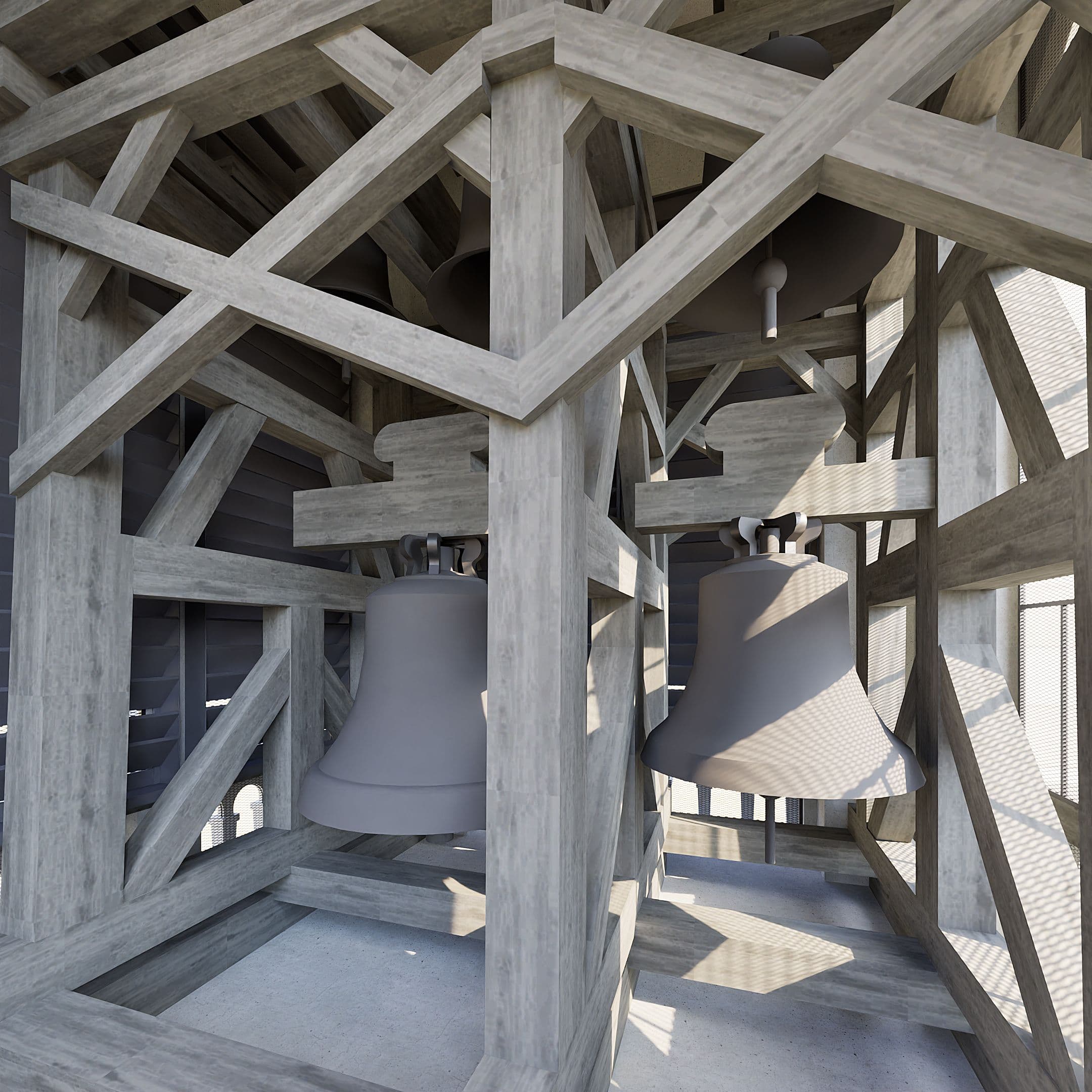 Zwei große Kirchenglocken in einem hölzernen Glockenstuhl im Kirchturm, Detailansicht der Holzbalken-Konstruktion mit Sonnenlicht und Schatten.