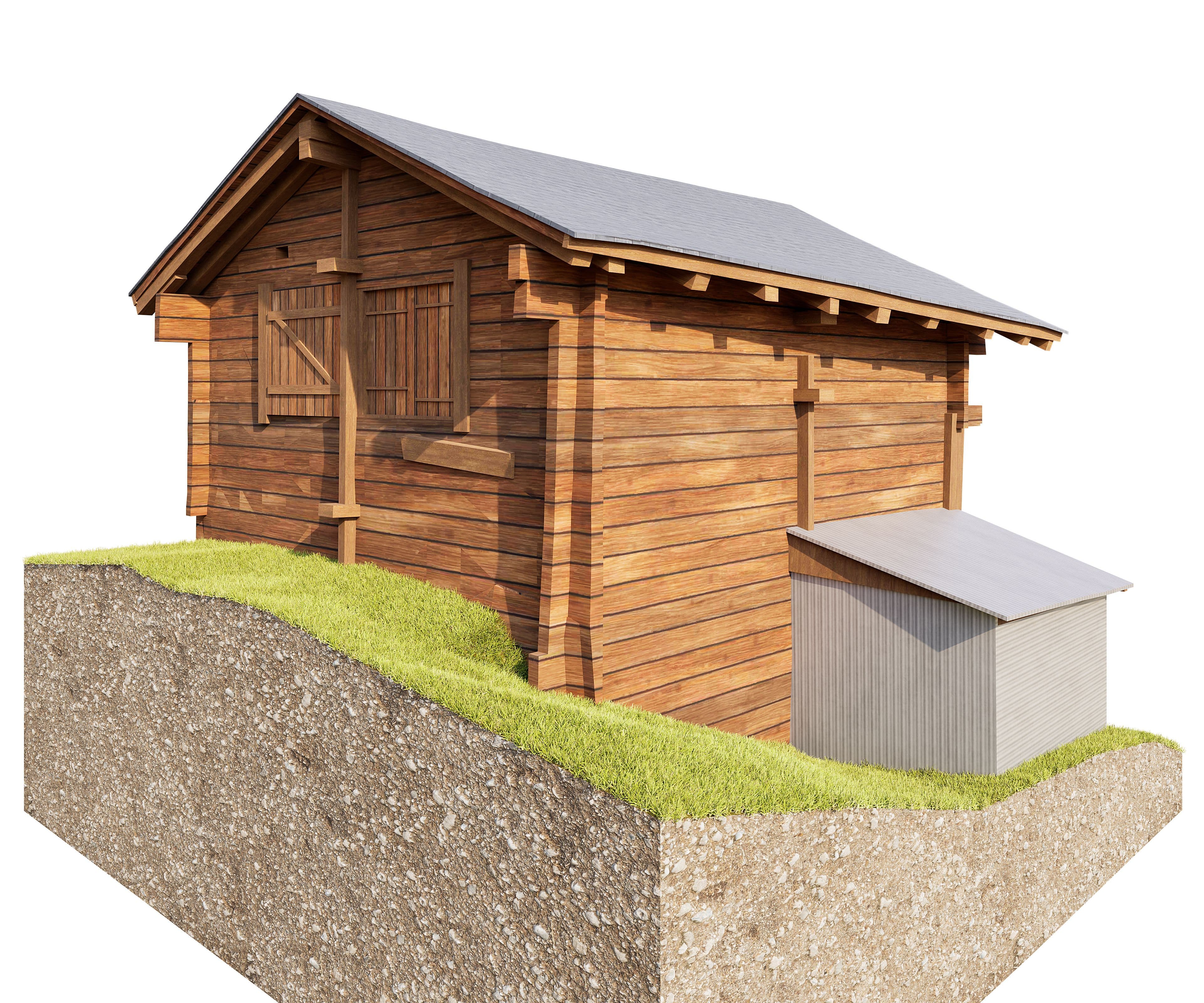 3D-Illustration eines Holzschuppens mit Satteldach auf grasbewachsenem Erdquerschnitt, daneben kleiner grauer Anbau; Gartenhaus/Lagerschuppen aus Holz auf weißem Hintergrund.