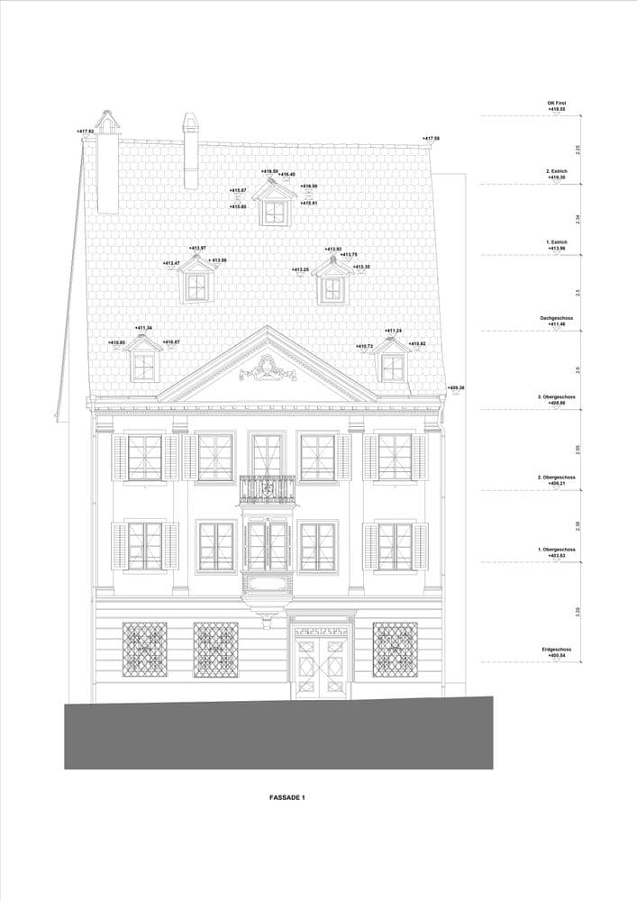 2D-Fassadenplan eines Bestandsgebäudes aus präziser Gebäudevermessung als Grundlage für Sanierungs- und Umbauplanung durch VDE
