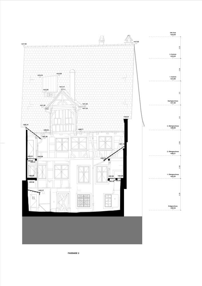 2D-Fassadenplan eines Bestandsgebäudes aus präziser Gebäudevermessung als Grundlage für Sanierungs- und Umbauplanung durch VDE