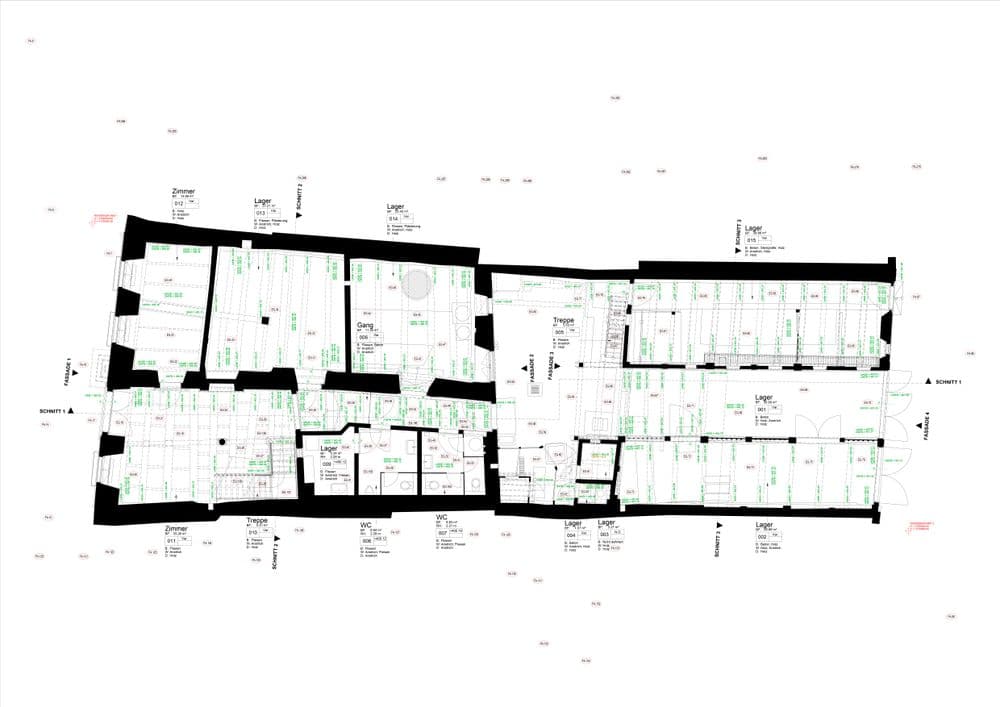 Bestandspläne in 2D abgeleitet aus Laserscanning-Punktwolkendaten als verlässliche Grundlage für Umbauprojekte.