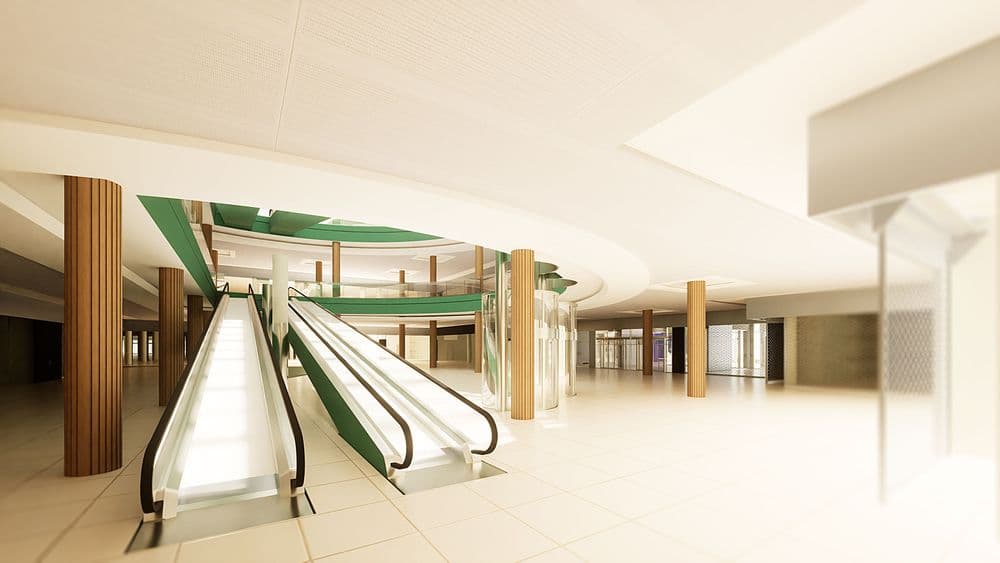 Moderne Rolltreppen in einem hellen, geräumigen Innenbereich mit futuristischer Architektur.