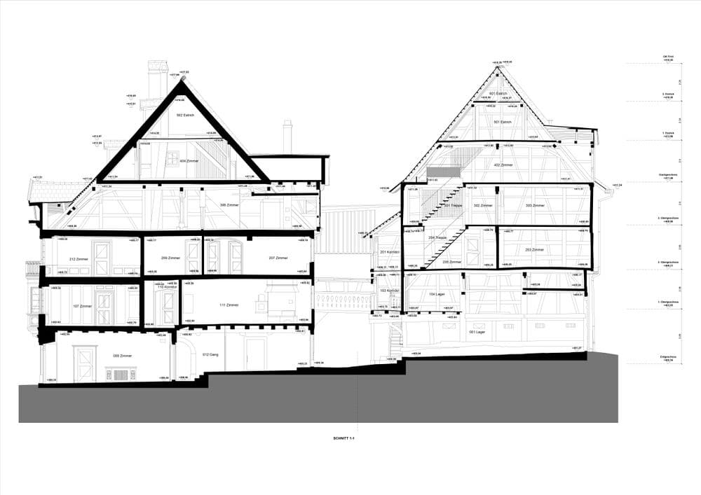 2D-Schnitt- und Fassadenpläne generiert aus präzisen 3D-Punktwolkendaten eines Bestandsgebäudes.