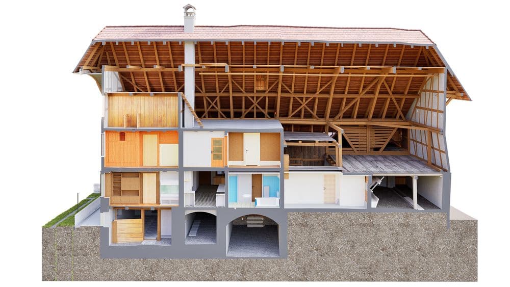 3D-Schnittansicht eines Holzhauses mit großem Dachstuhl: Querschnitt zeigt Innenräume, Holzrahmen, Keller und Schornstein in architektonischer Visualisierung.